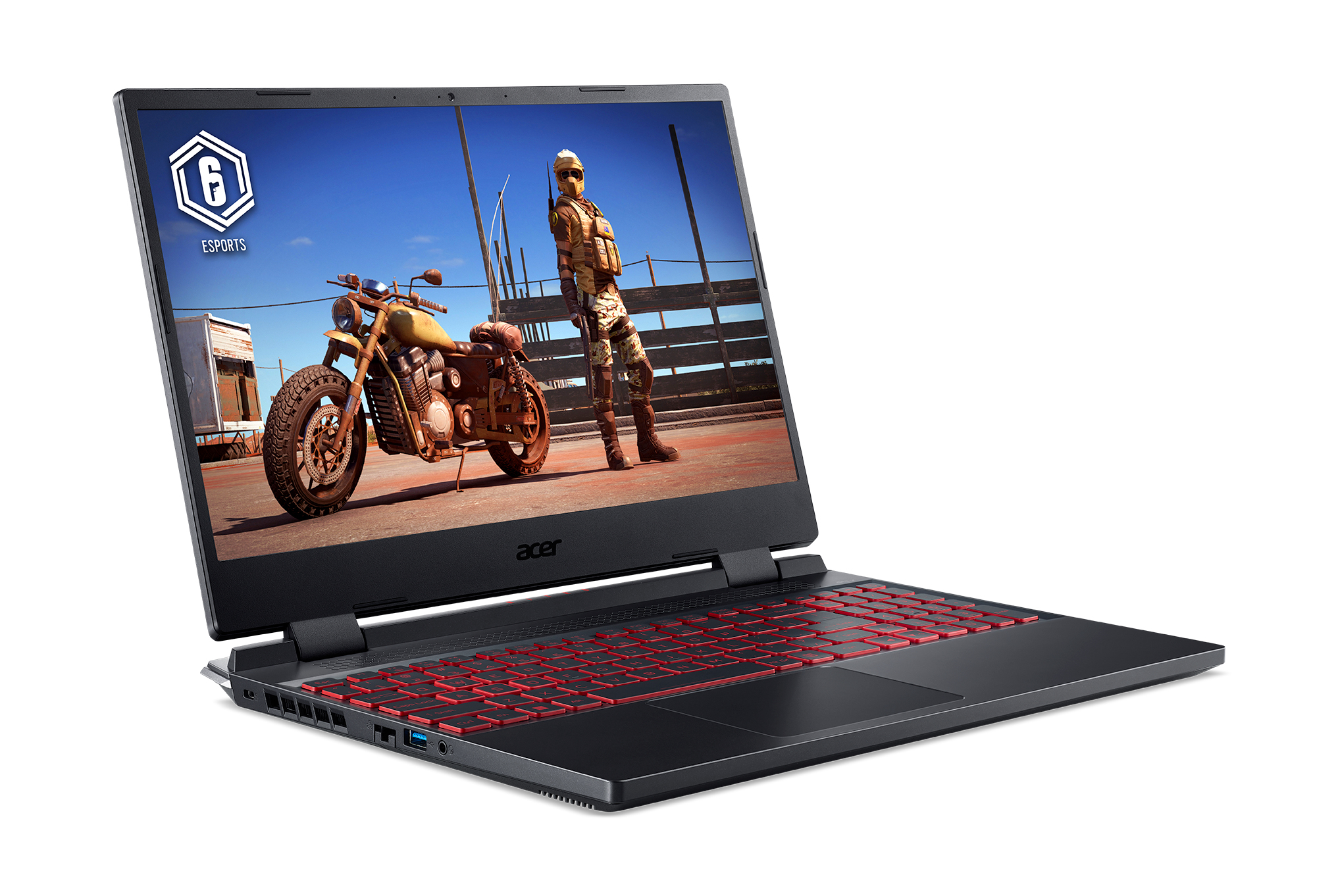 Schwarzer Acer-Laptop geöffnet. Bildschirm zeigt Spielszene. Rote Tastatur ist sichtbar.