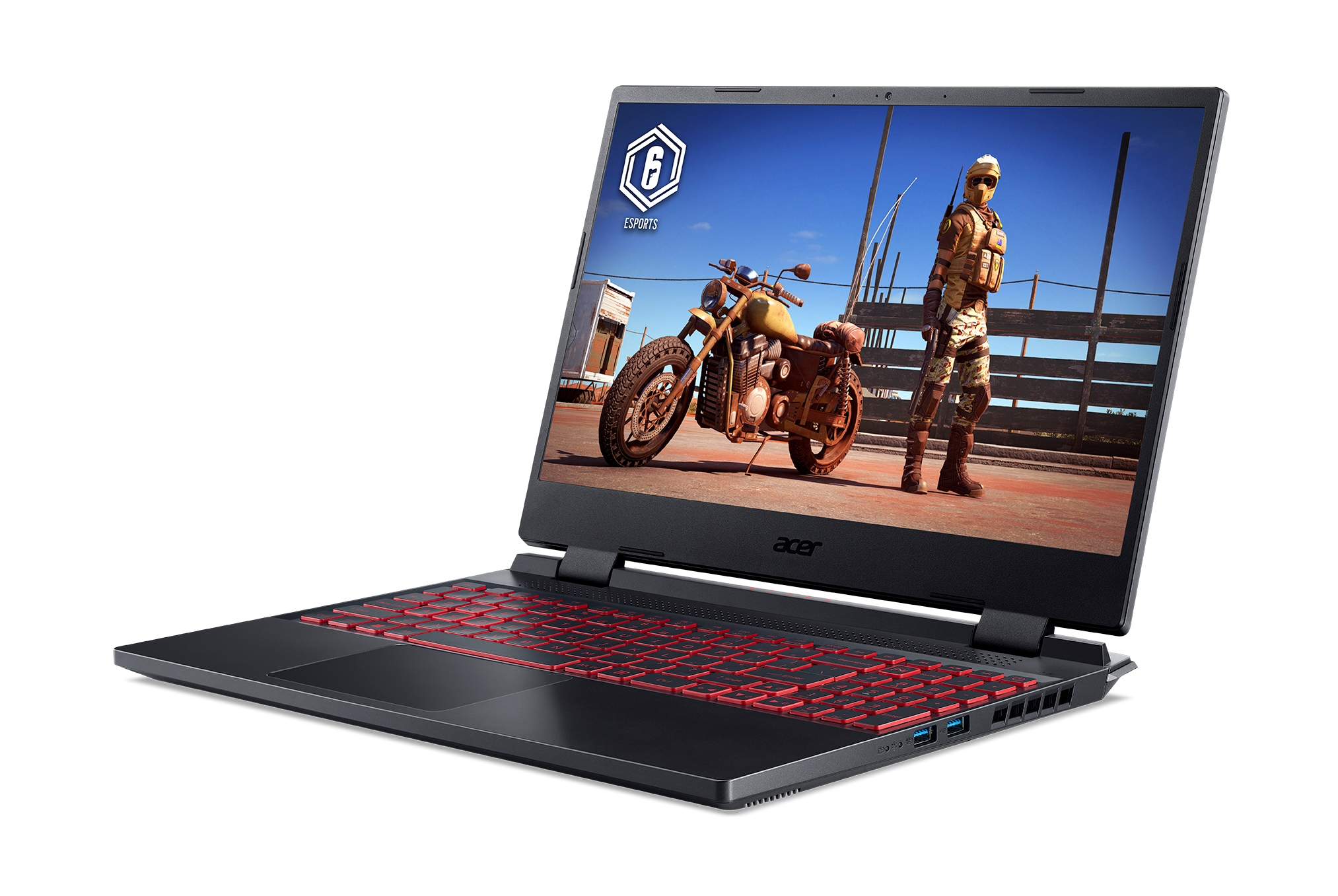 Schwarzer Acer-Laptop zeigt eine Videospielszen. Rot beleuchtete Tastatur. Weißer Hintergrund.