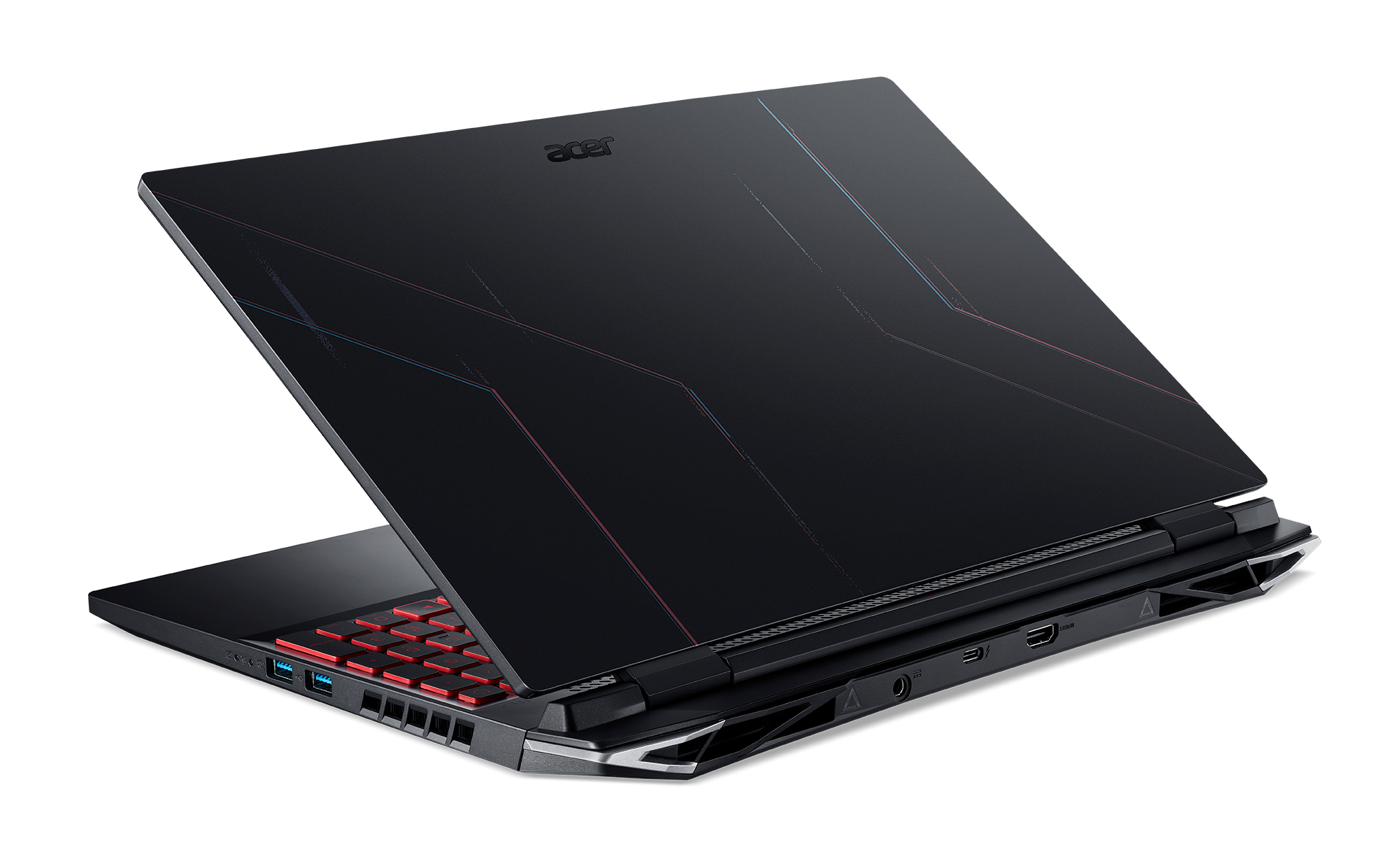 Schwarzer Laptop mit roten und blauen Details auf der Rückseite. Das Acer-Logo ist sichtbar. Weißer Hintergrund.