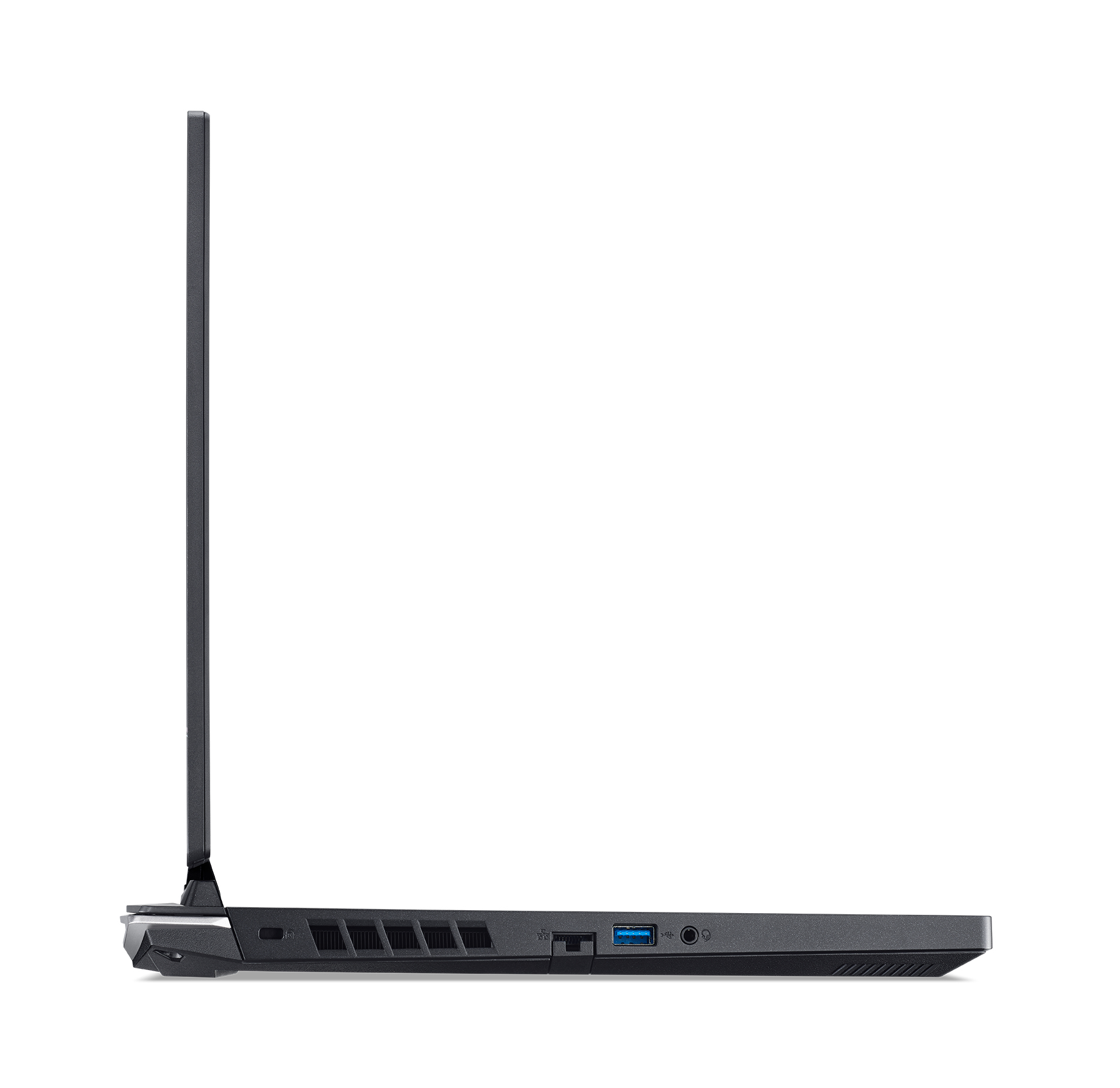 Schwarzer Laptop, Seitenansicht. Anschlüsse an der Seite sichtbar. Weißer Hintergrund.