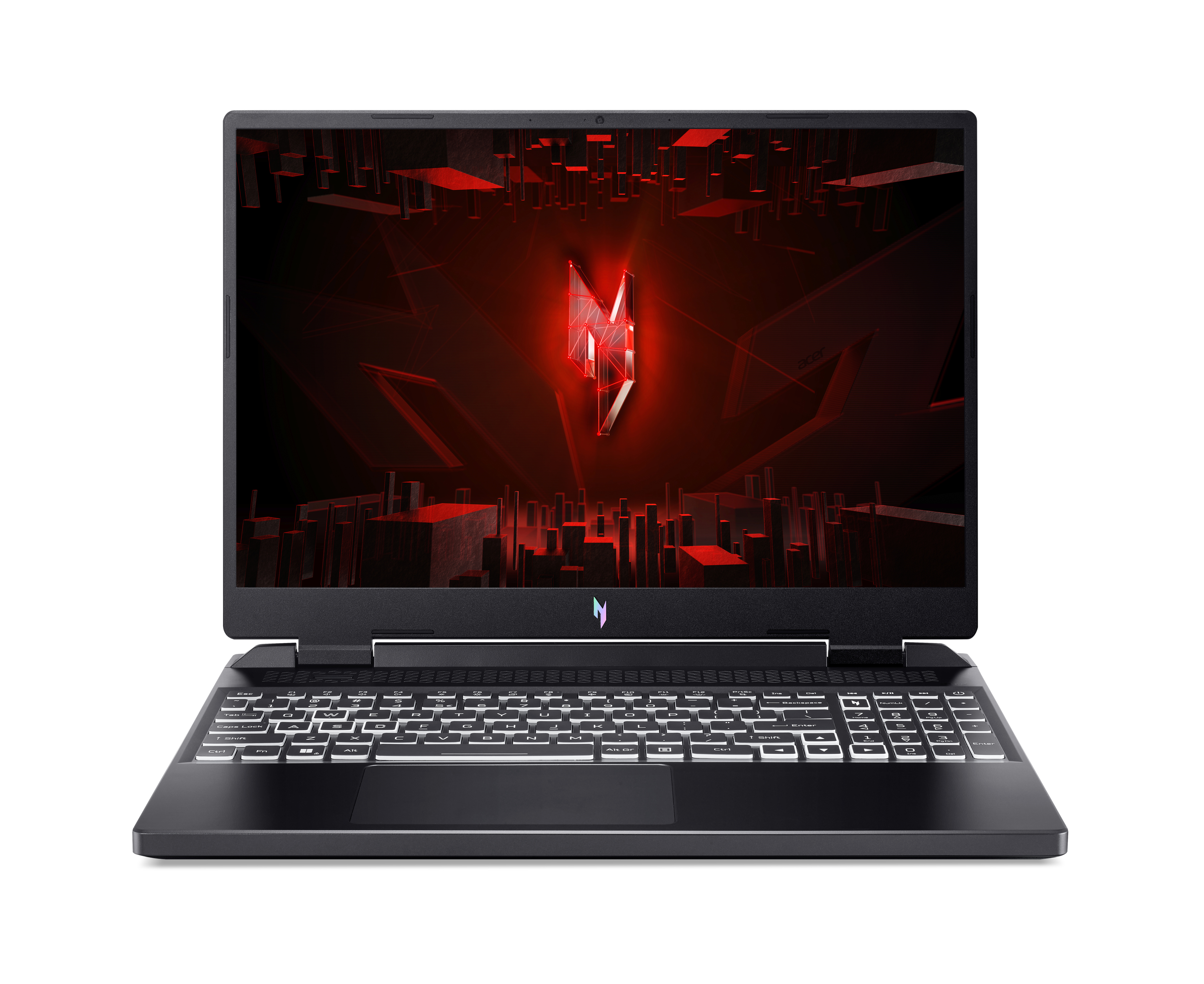 Schwarzer Predator-Laptop mit rotem Logo auf dem Bildschirm, auf weißem Hintergrund. Tastatur beleuchtet.