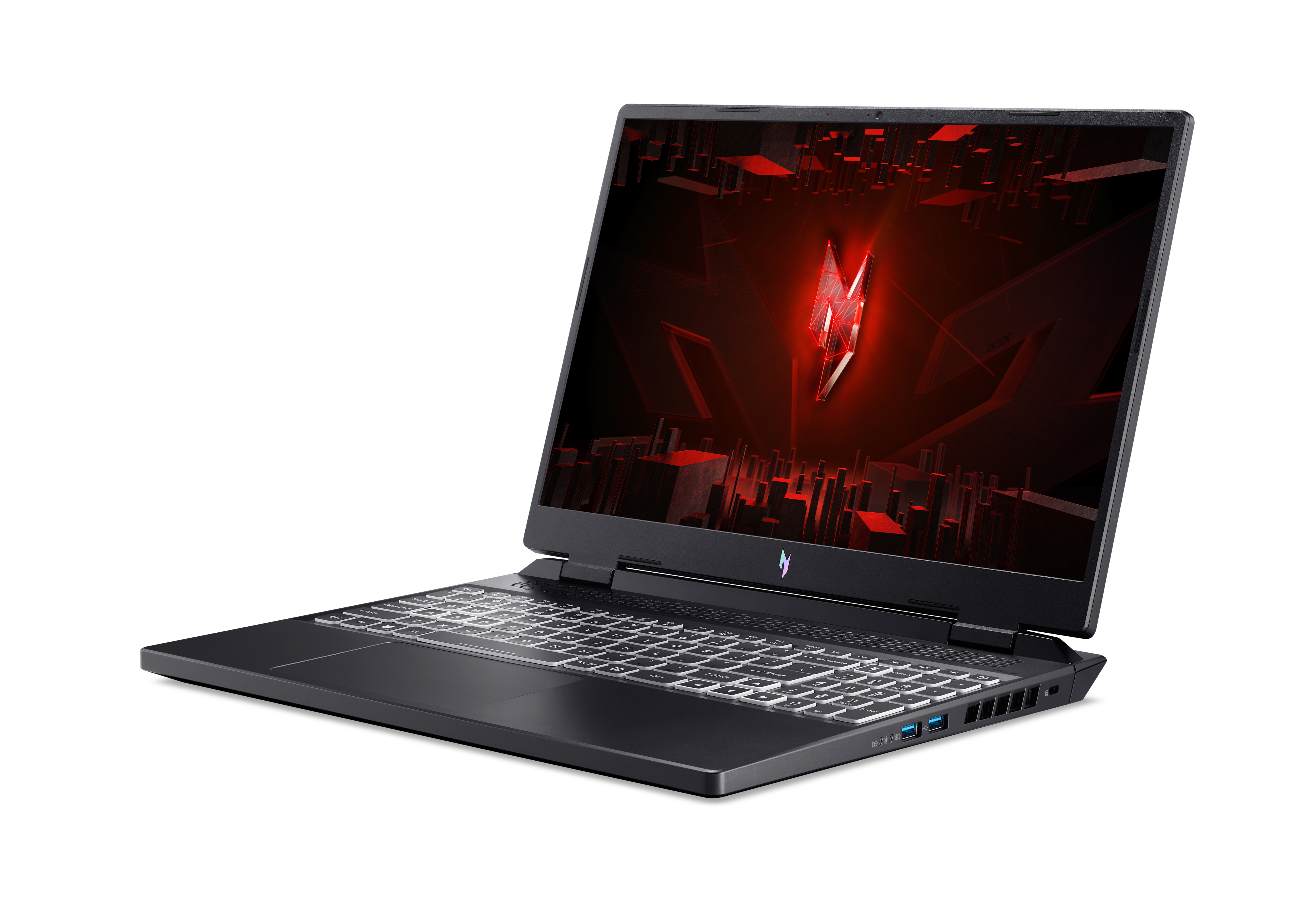 Schwarzer Laptop, offen. Roter und weißer Bildschirm. Weiße Tasten.