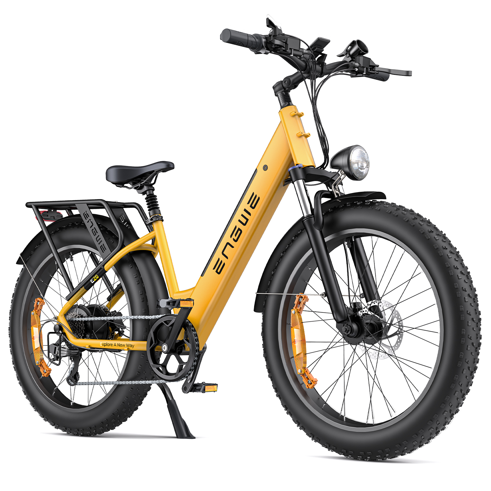 E-bike gialla con pneumatici larghi, pneumatici neri, portapacchi nero, telaio giallo, sella nera.