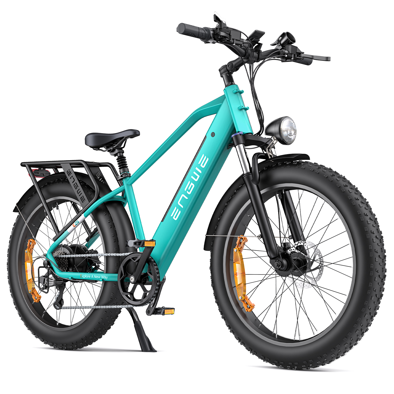 Bici elettrica color turchese. Ha pneumatici neri e portapacchi nero. La parola 'ENGWE' è visibile.
