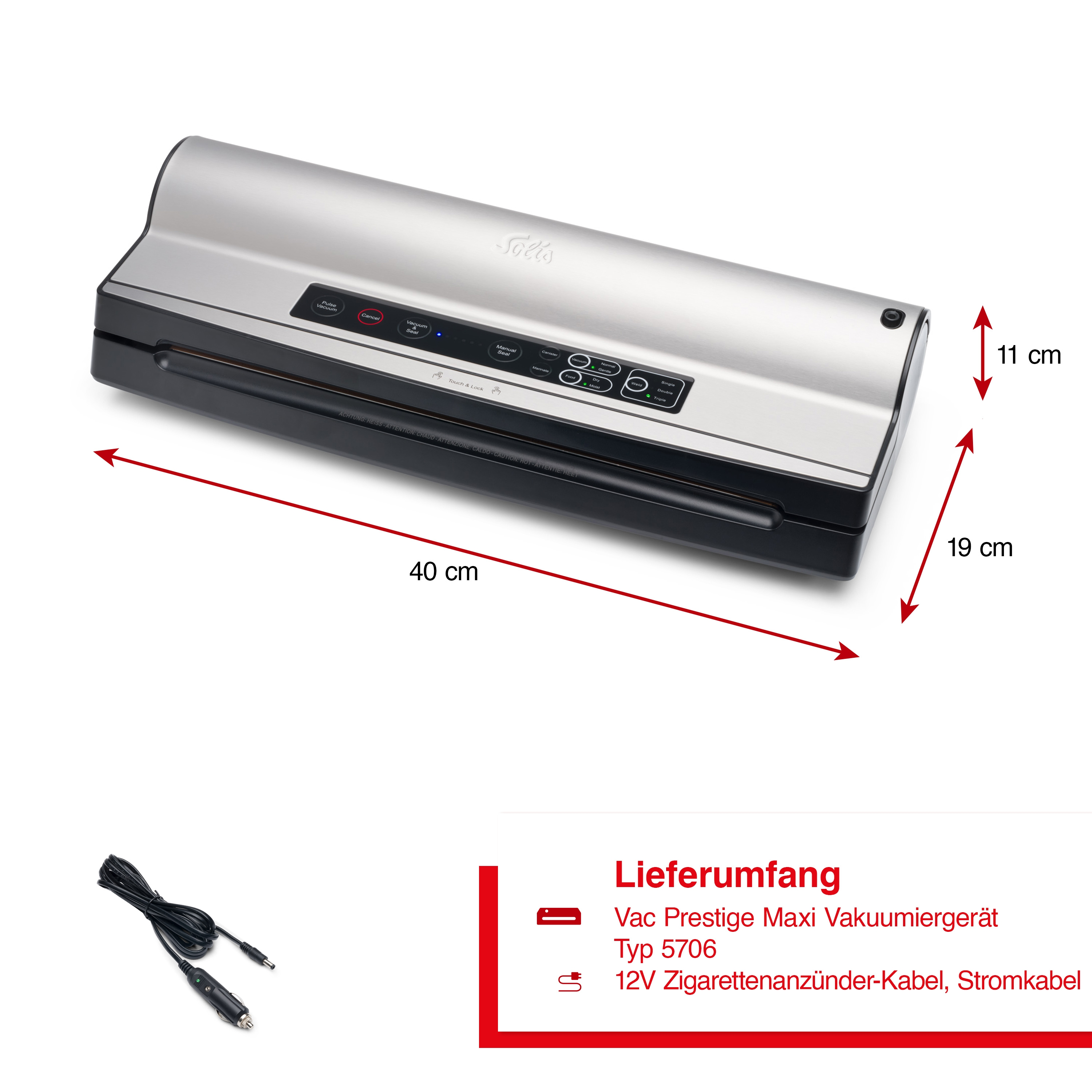 Silberner und schwarzer Vakuumierer. Die Abmessungen sind 40 cm lang, 19 cm breit und 11 cm hoch.