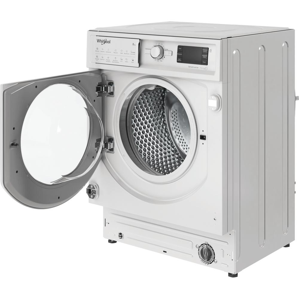 Lavatrice Whirlpool bianca con porta aperta. Cestello interno visibile. Sfondo bianco.