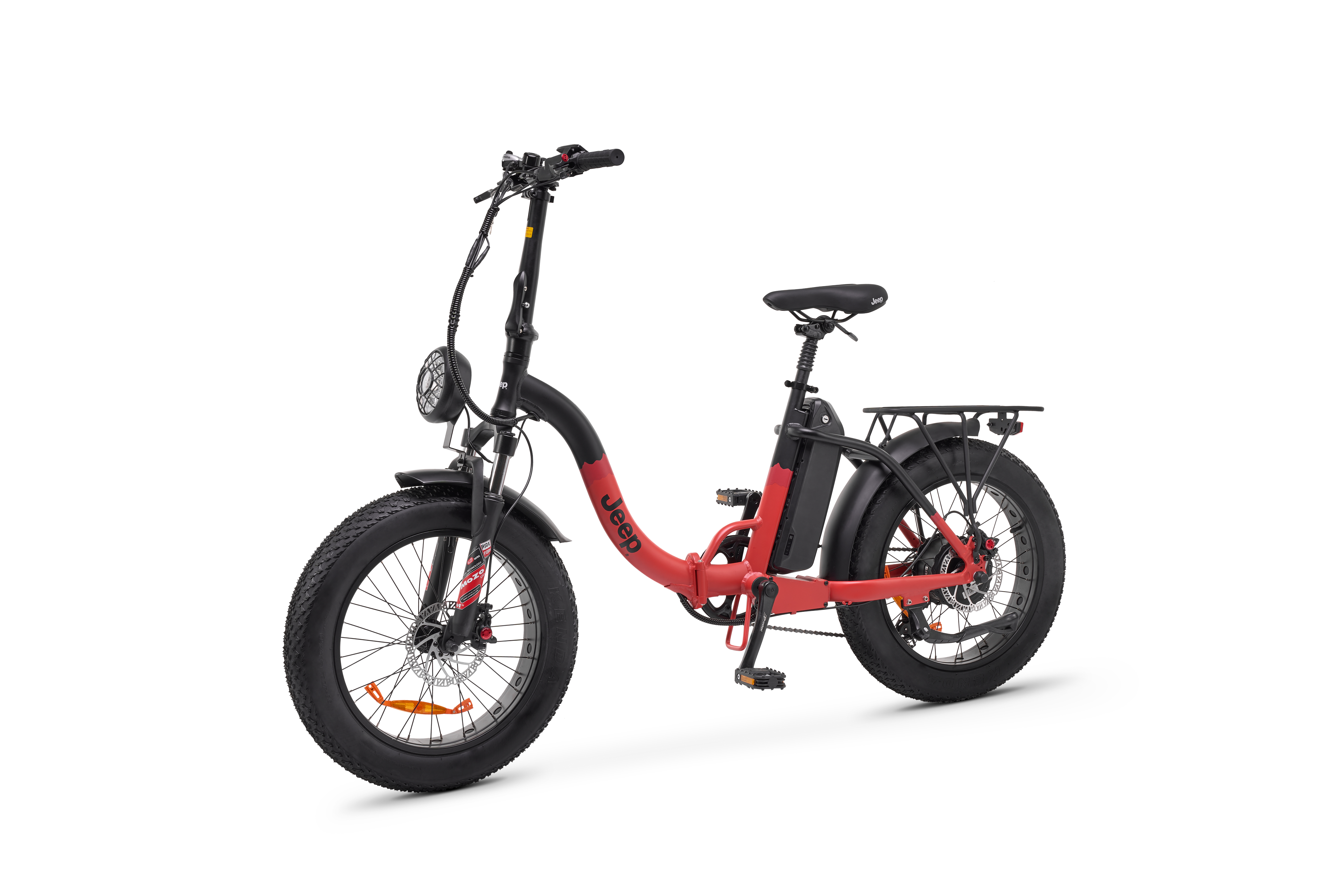 Bicicletta elettrica Jeep rossa e nera con luci, pneumatici e portapacchi.