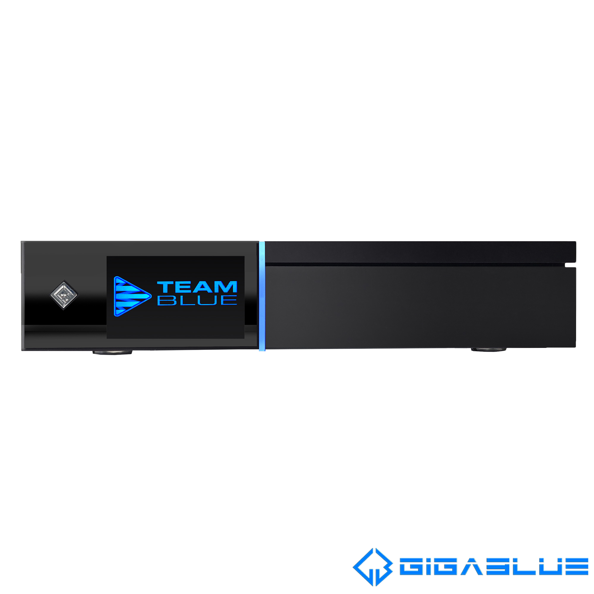 Ein schwarzer Gigablue-Receiver mit blauem Licht und dem Logo der Marke.