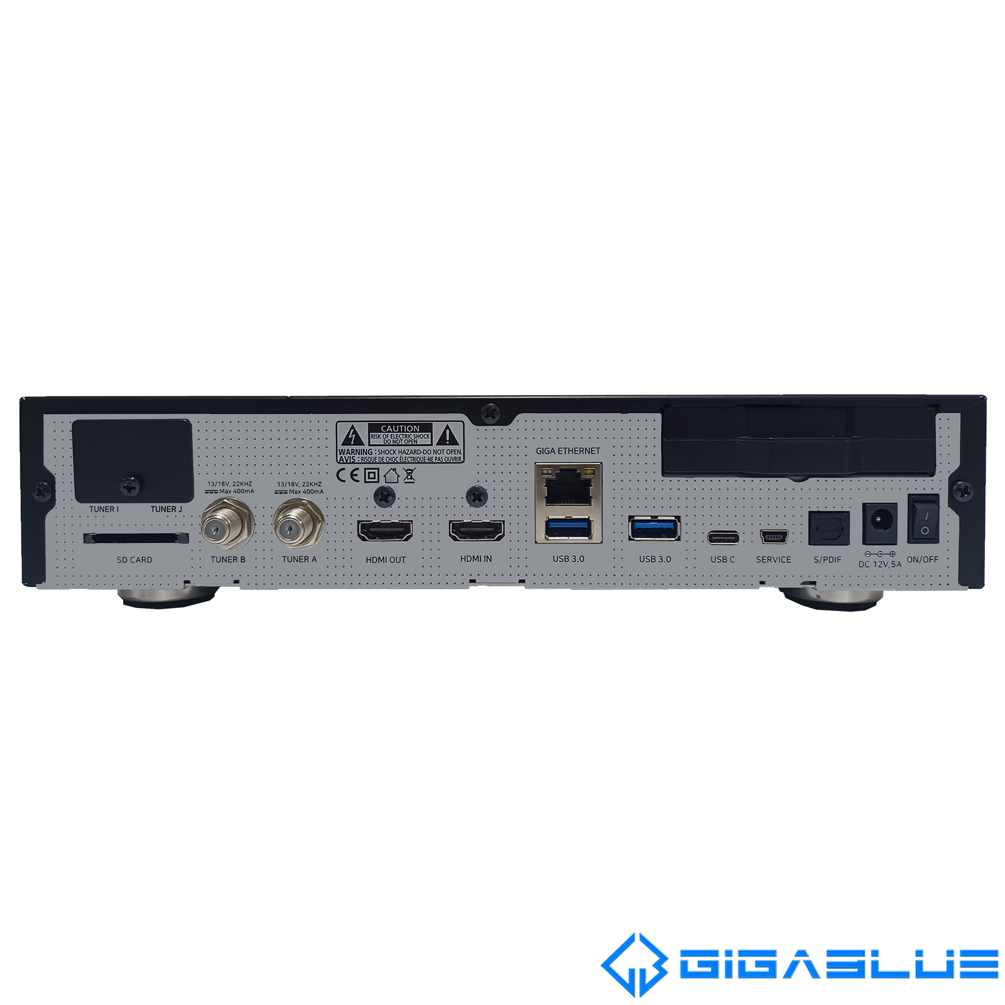 Die Rückseite eines schwarzen Digitalreceivers mit Anschlüssen. Text vorhanden.