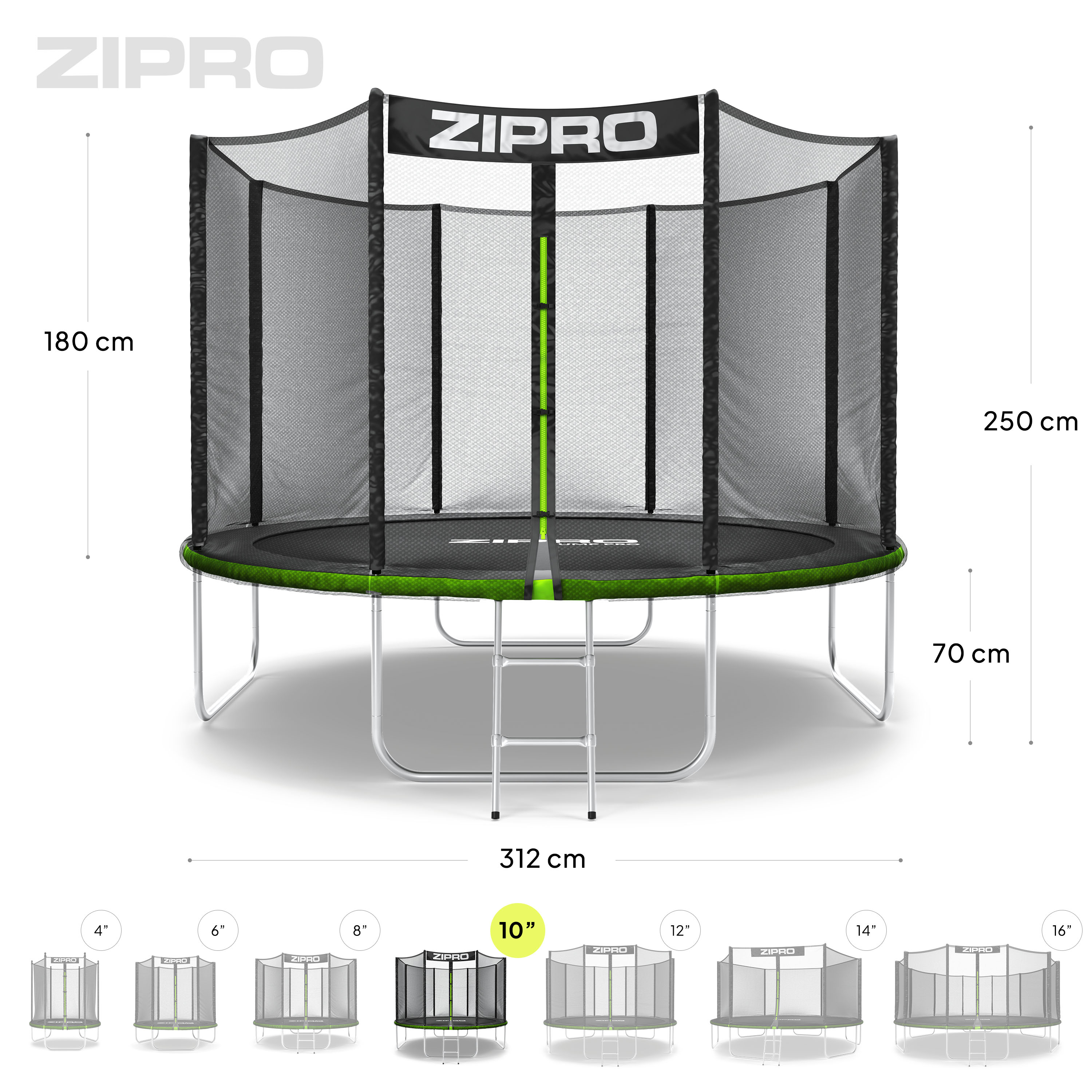 Un trampolín grande con red de seguridad, que mide 312 cm de diámetro. Dimensiones y tamaños en el fondo.