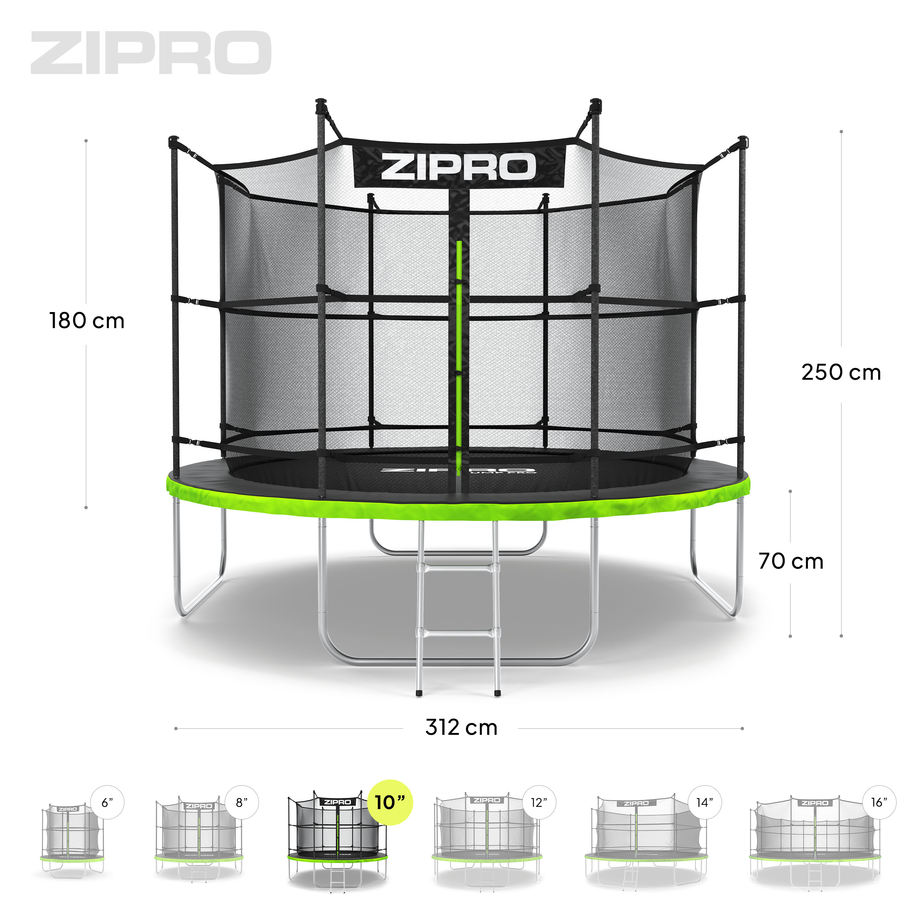 Un trampolín grande con detalles verdes y negros. Se indican las dimensiones, con trampolines más pequeños debajo.