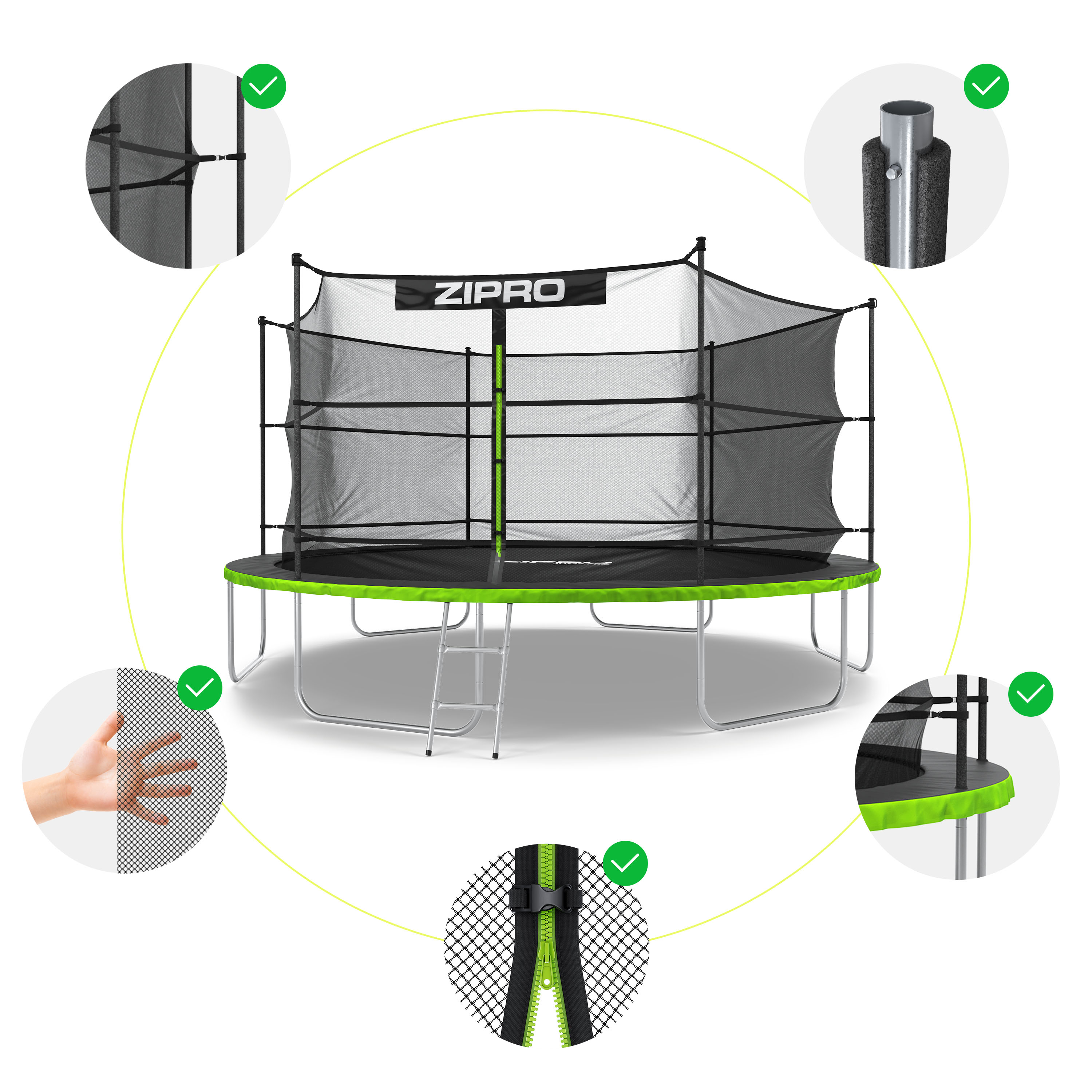 Trampolin mit grünen und schwarzen Akzenten. Reißverschluss-Netzeinfassung, grüner Rand.