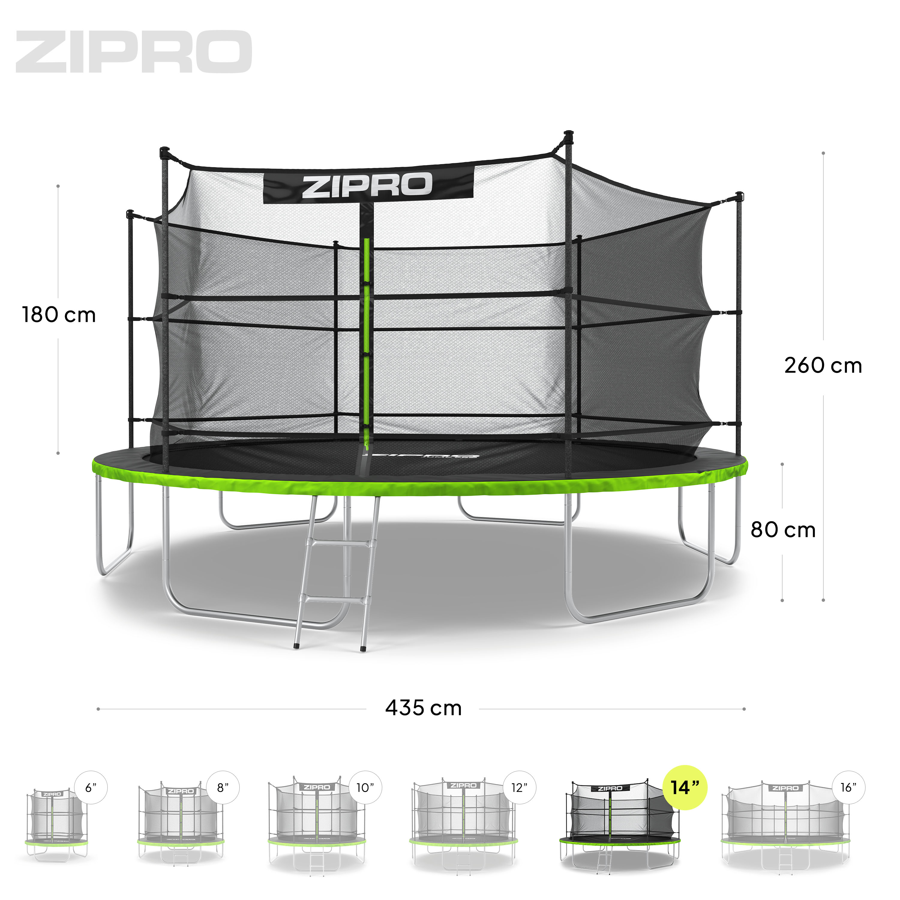 Trampolin mit Sicherheitsnetz. Grün-schwarzes kreisförmiges Design. Abmessungen und Modellvarianten werden angezeigt.
