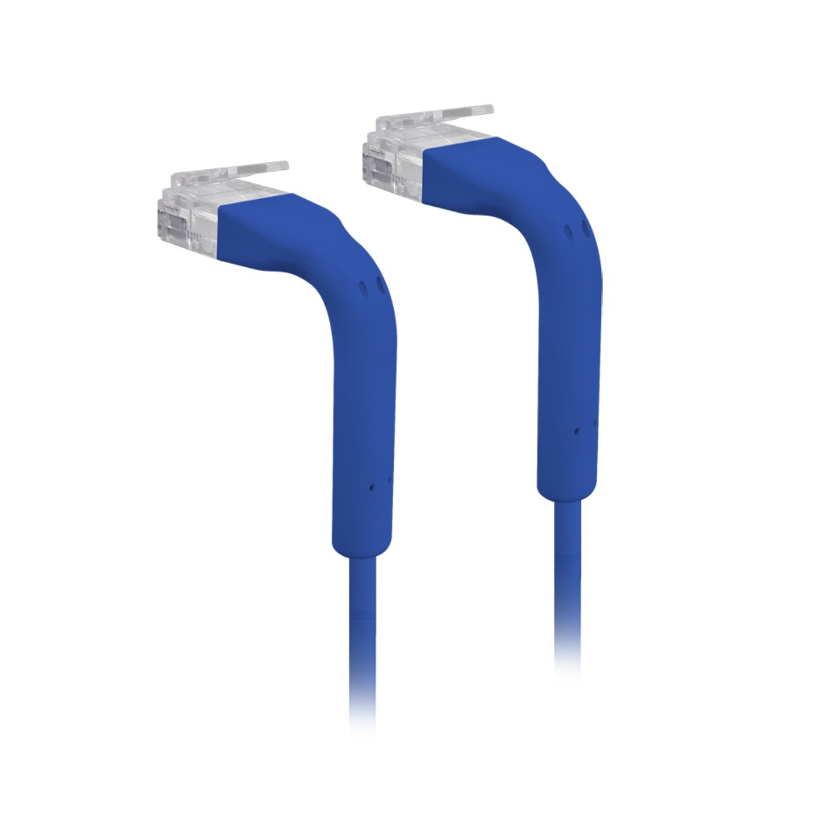 Due cavi blu con connettori trasparenti, design angolato.