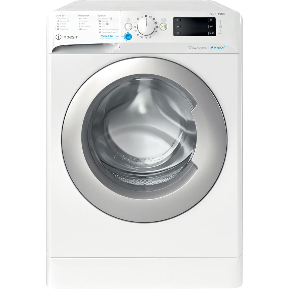 Lavatrice Indesit bianca. Vista frontale. Ha una porta rotonda e pannello comandi in alto.