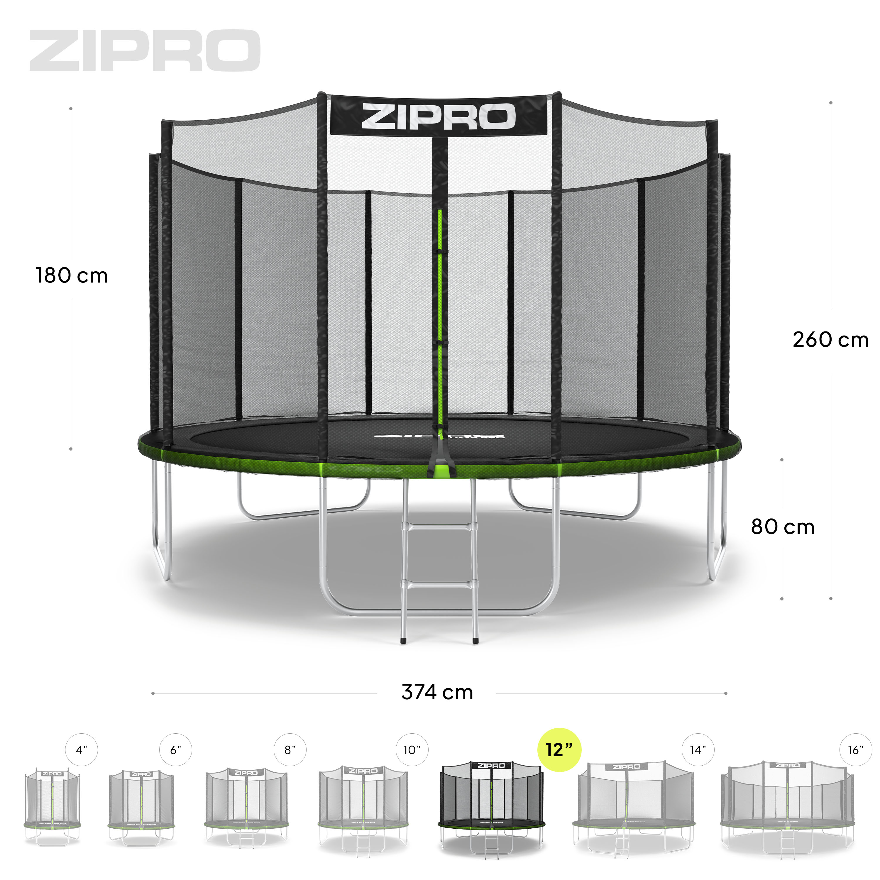 ZIPRO Jump Pro 12FT 374cm Trampolin, schwarz
