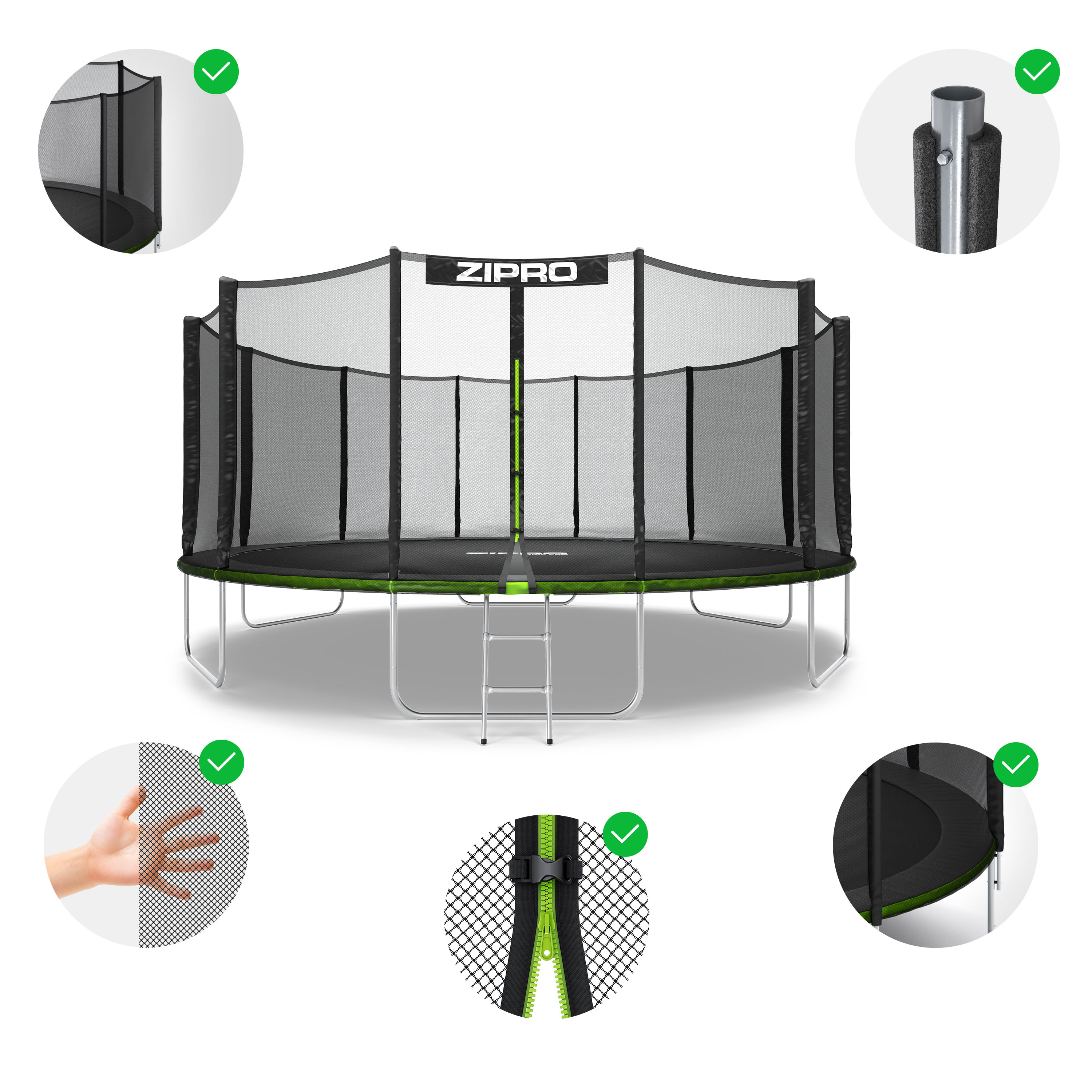 Cama elástica - ZIPRO Jump Pro con red de protección externa 496cm, Verde, Gris