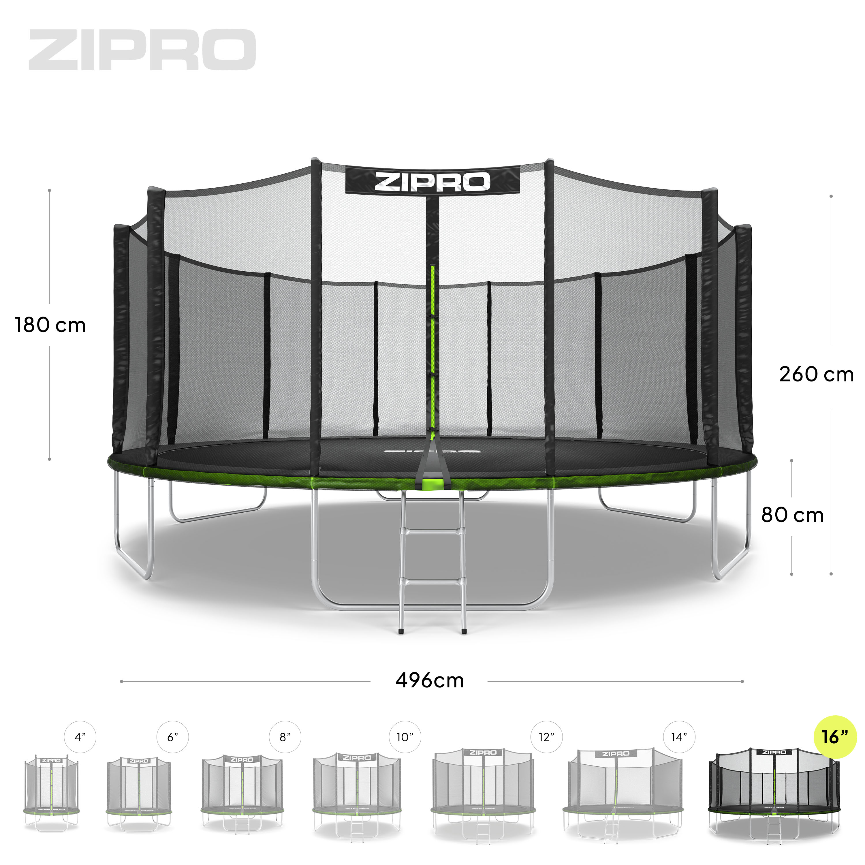 Cama elástica - ZIPRO Jump Pro con red de protección externa 496cm, Verde, Gris