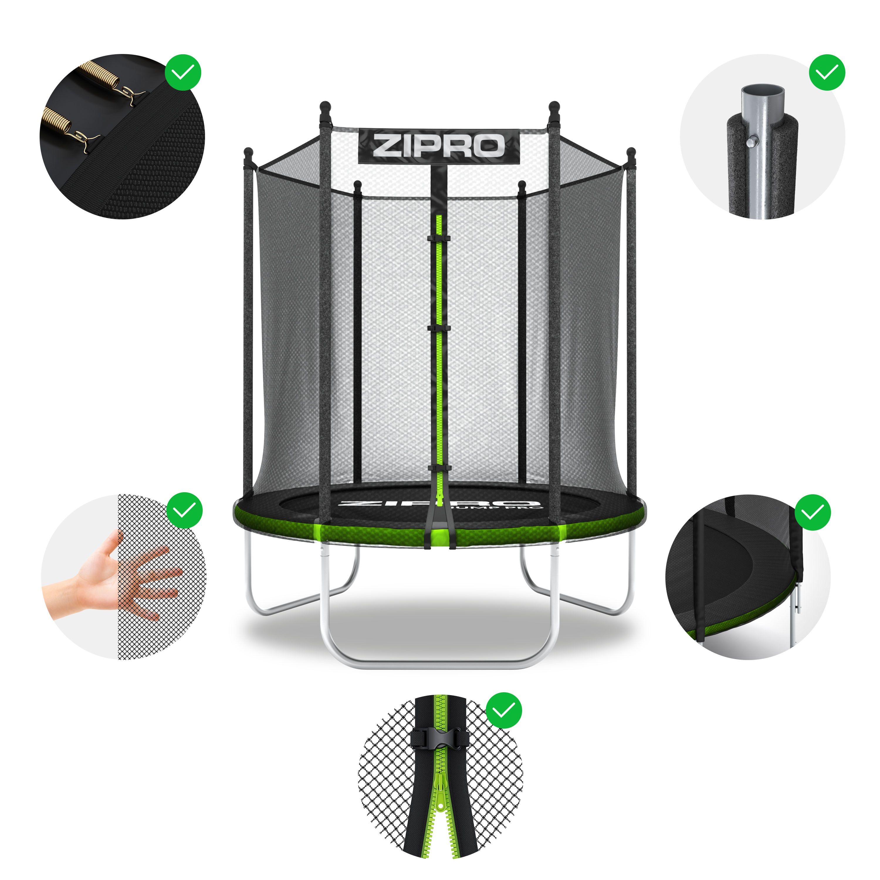 Trampolín con detalles verdes. Muestra detalles de resortes y red, más una mano tocando la red.