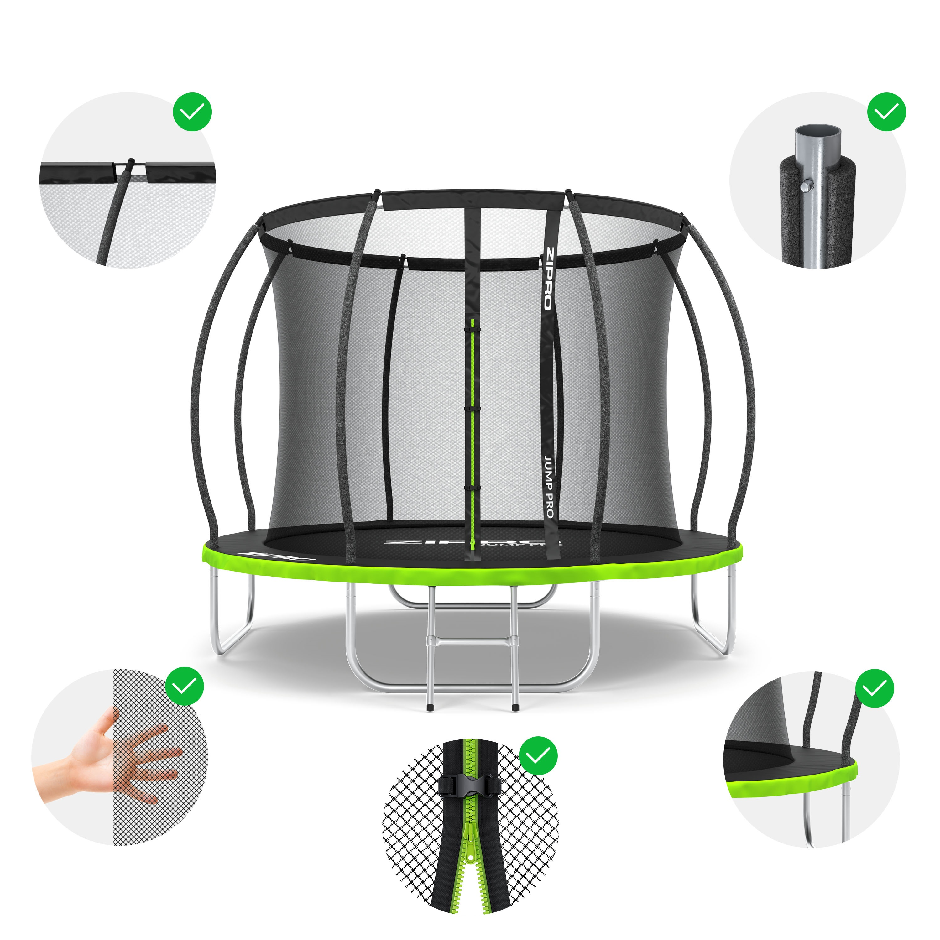 Un trampolín con red de seguridad, y primeros planos de detalles de red y cremallera. Verde y negro.