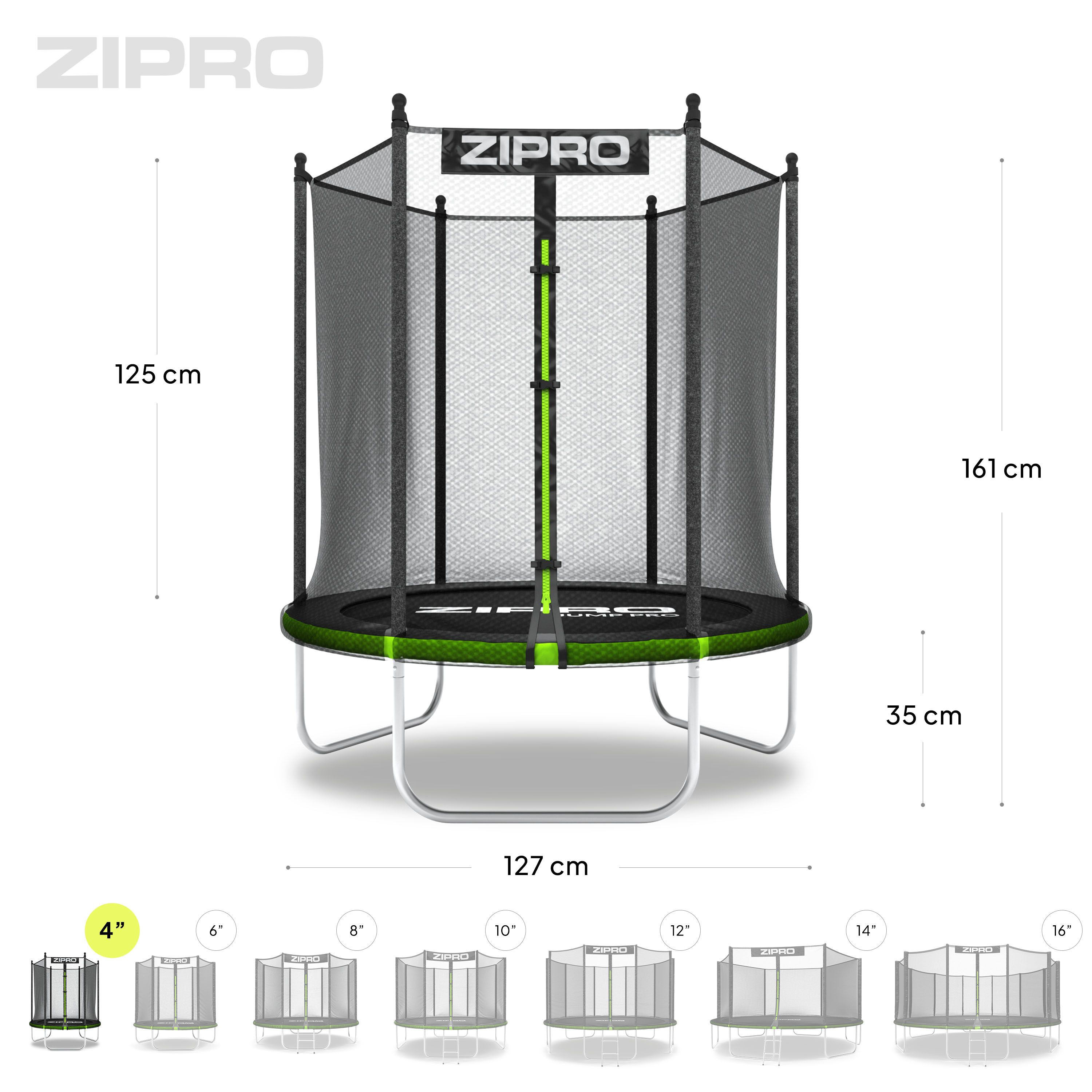 Cama elástica ZIPRO, varios tamaños. Dimensiones y comparaciones de tamaño mostradas. Diseño verde y negro.