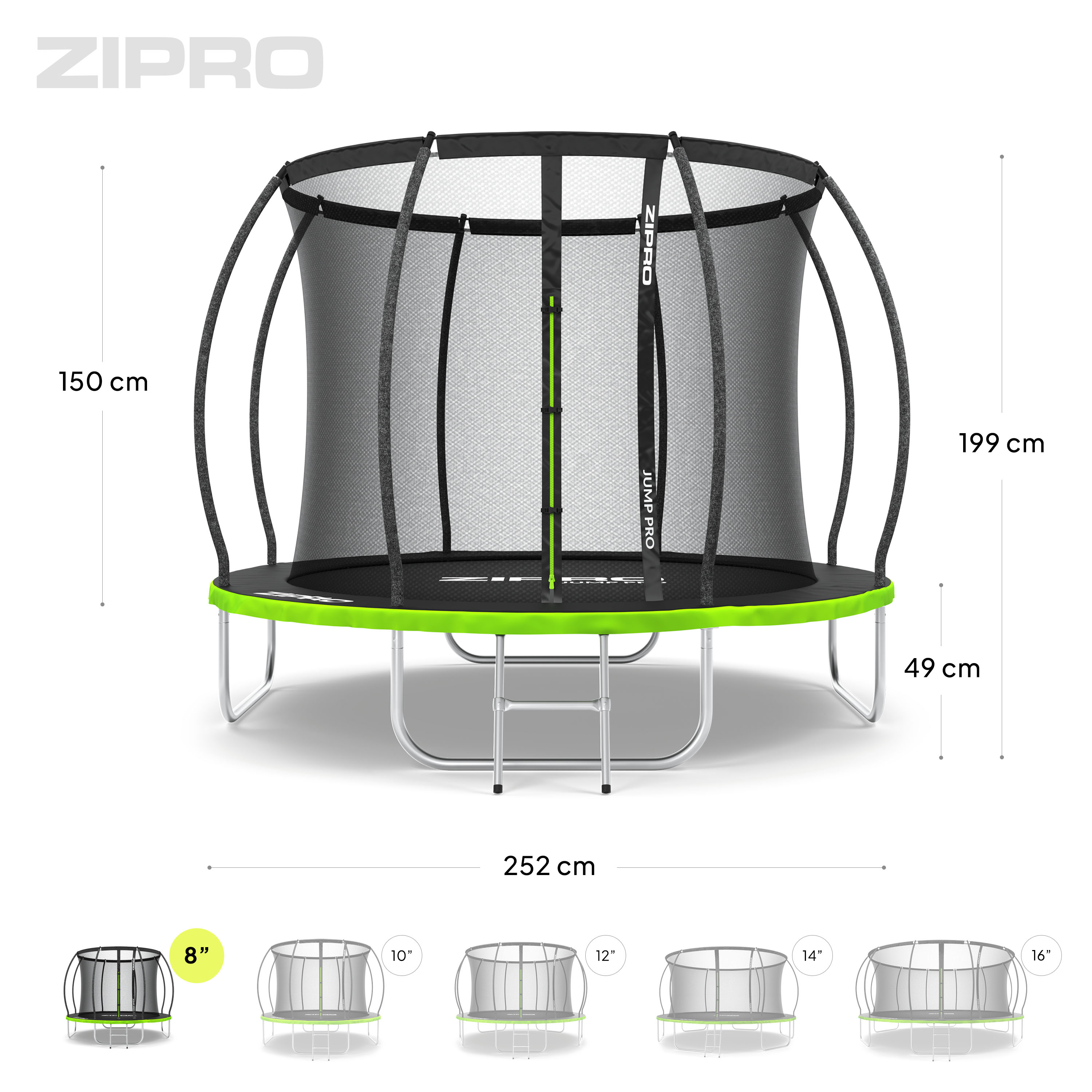 Trampolín grande con borde verde, red negra y acolchado de seguridad.