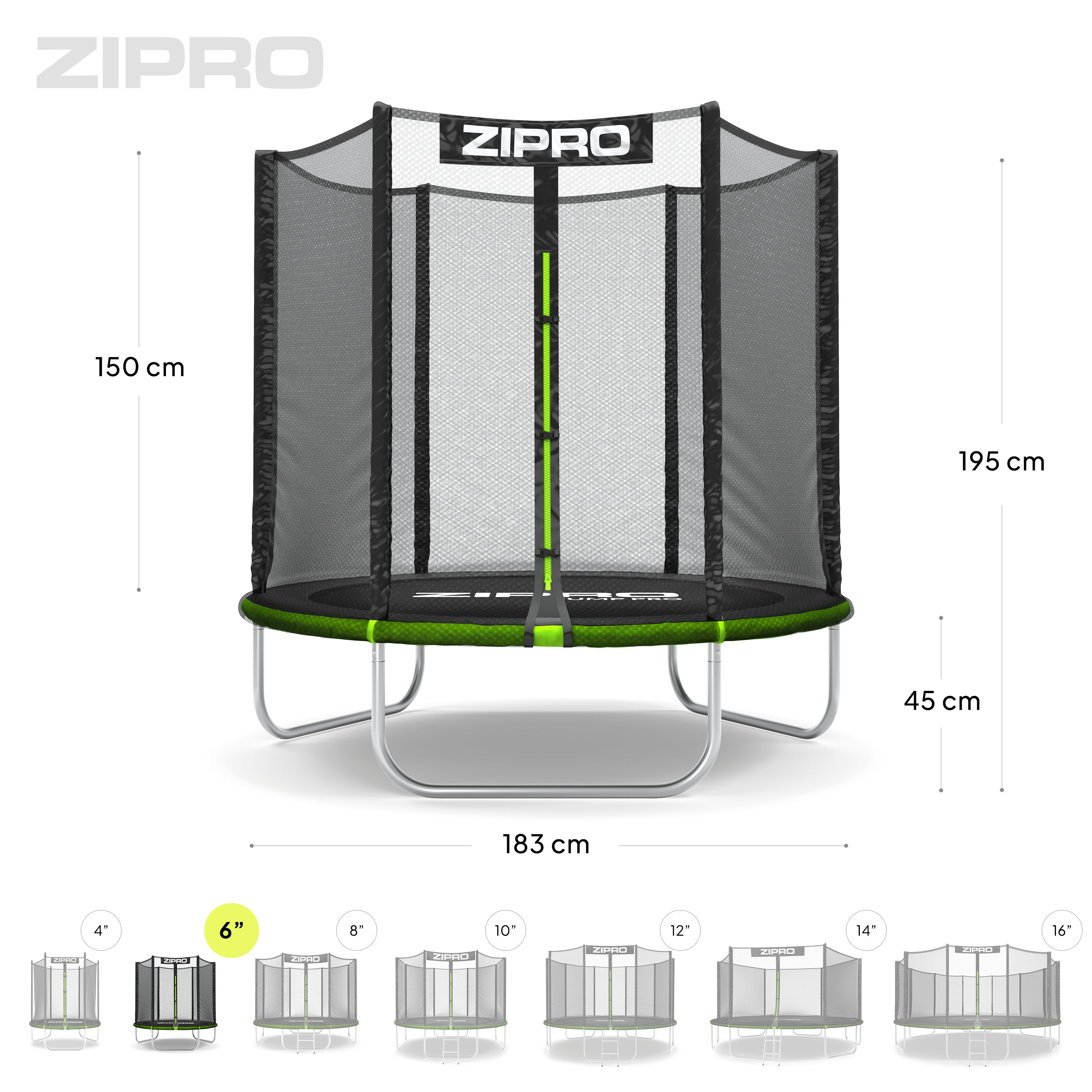 Ein großes Trampolin mit Abmessungen und kleineren Versionen, vor weißem Hintergrund.