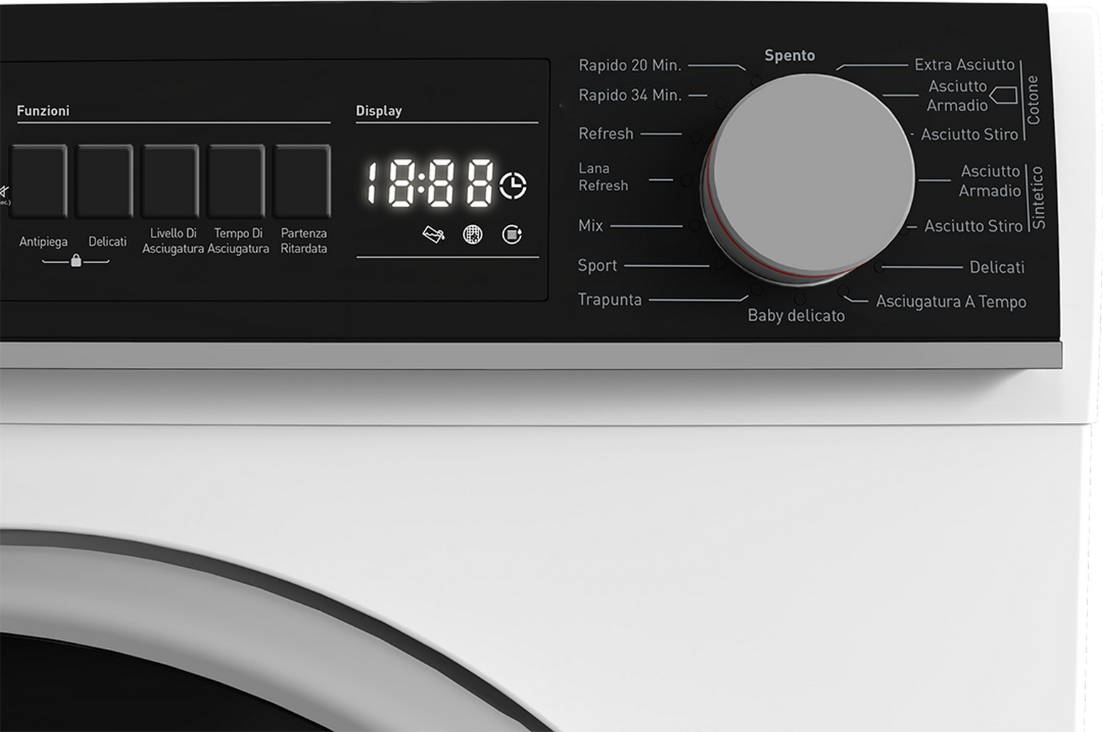Pannello di controllo della lavatrice con display e varie opzioni di selezione programmi.