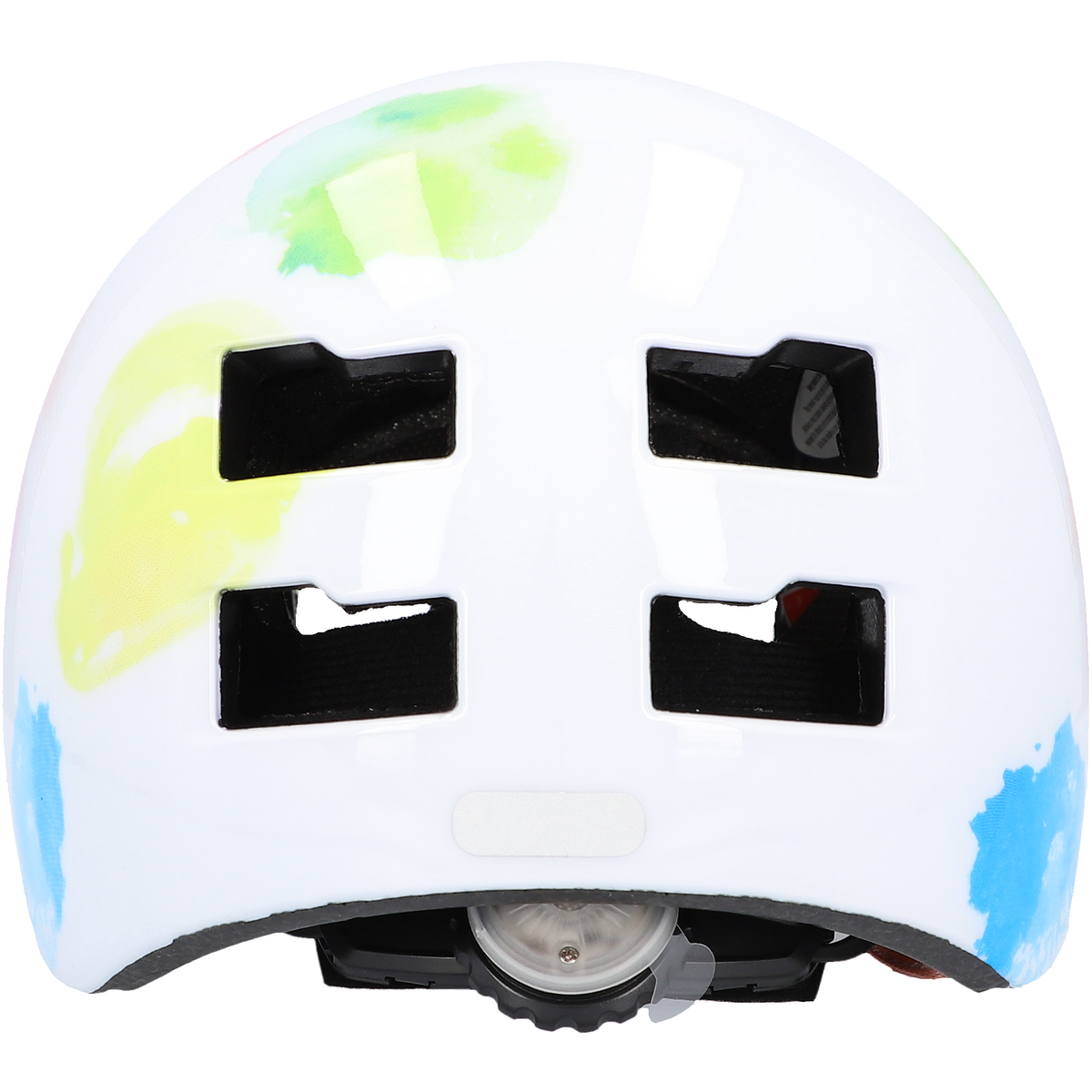 Weißer Fahrradhelm mit bunten Farbspritzern und vier Lüftungslöchern.