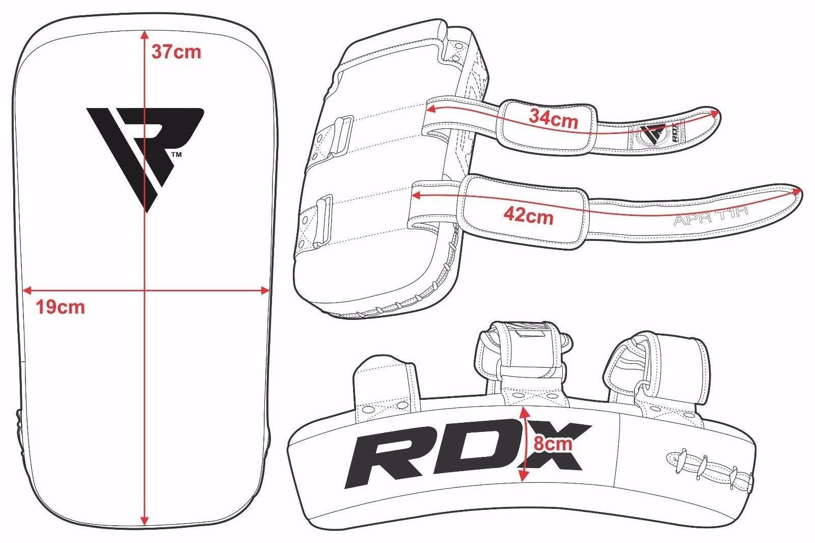 Cibles de boxe avec dimensions étiquetées. Fond blanc avec logo et texte RDX noir.