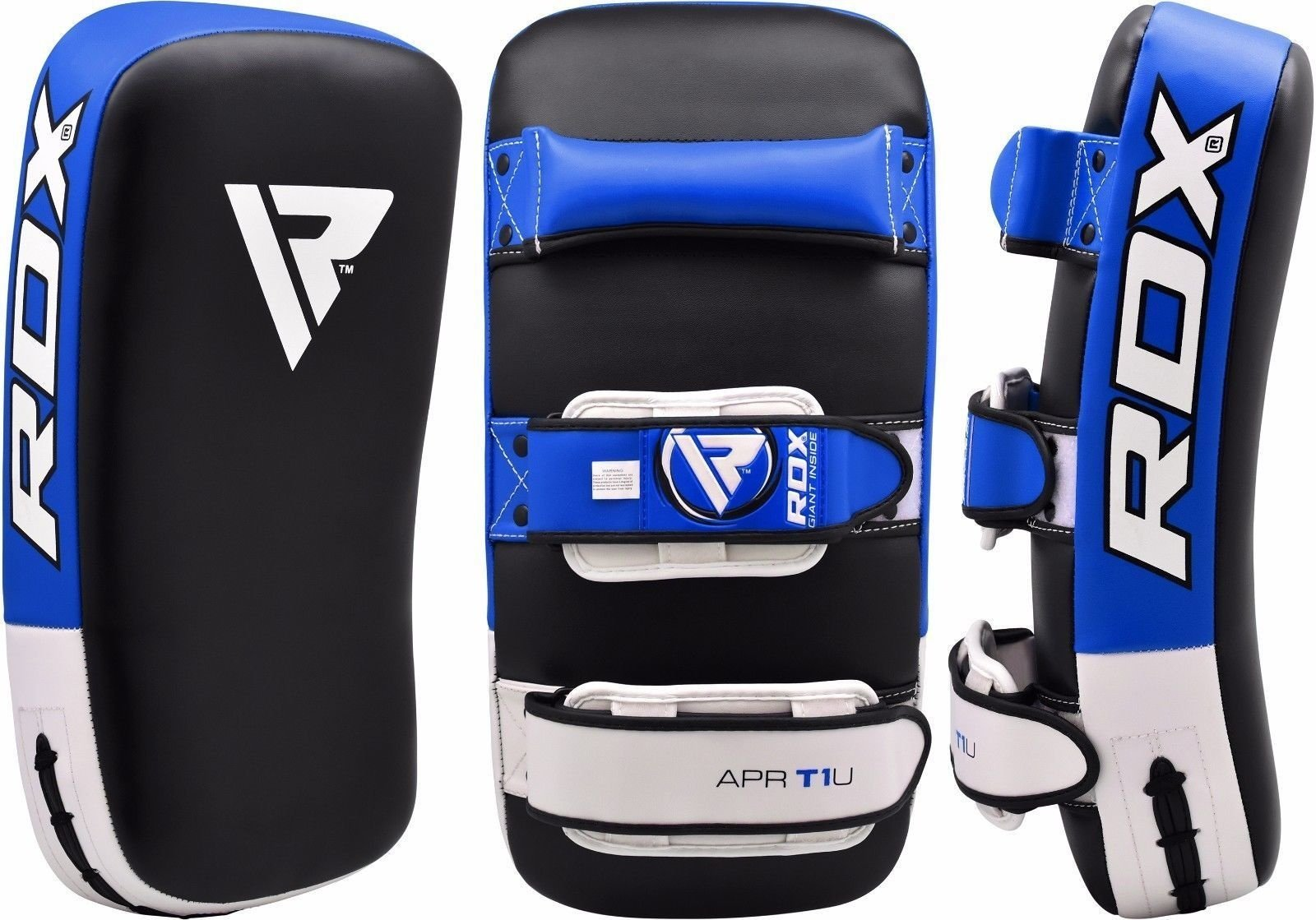 Pads de boxe RDX en trois vues, noir et bleu, fond blanc.