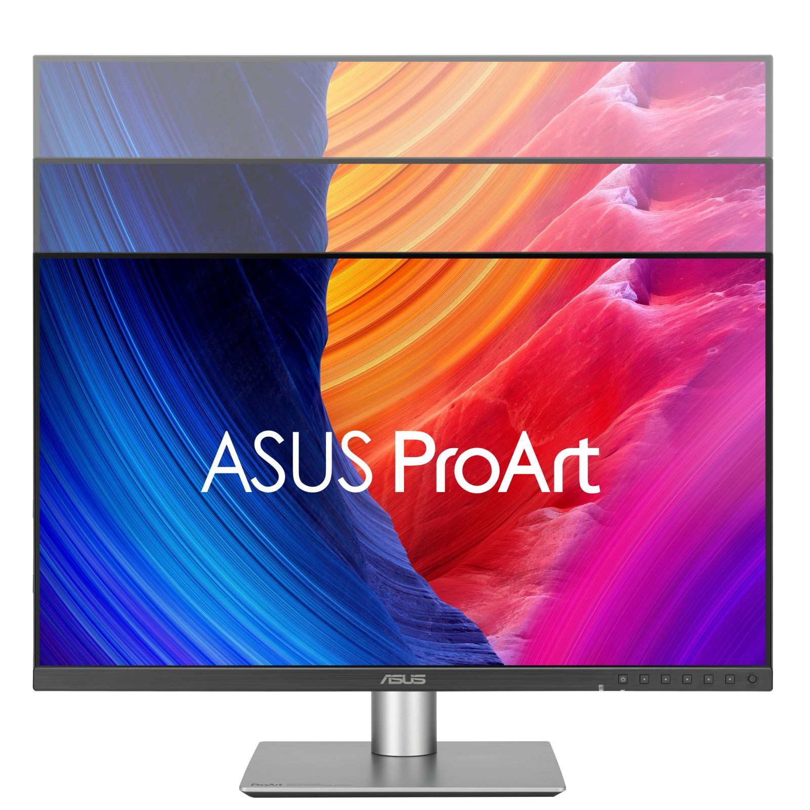 Monitor ASUS ProArt. Wyświetlacz pokazuje kolorowy obraz, podstawa srebrna, ramka czarna.