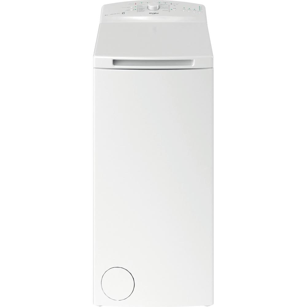 Lavadora Whirlpool blanca. Diseño de carga superior con controles arriba. Vista frontal.