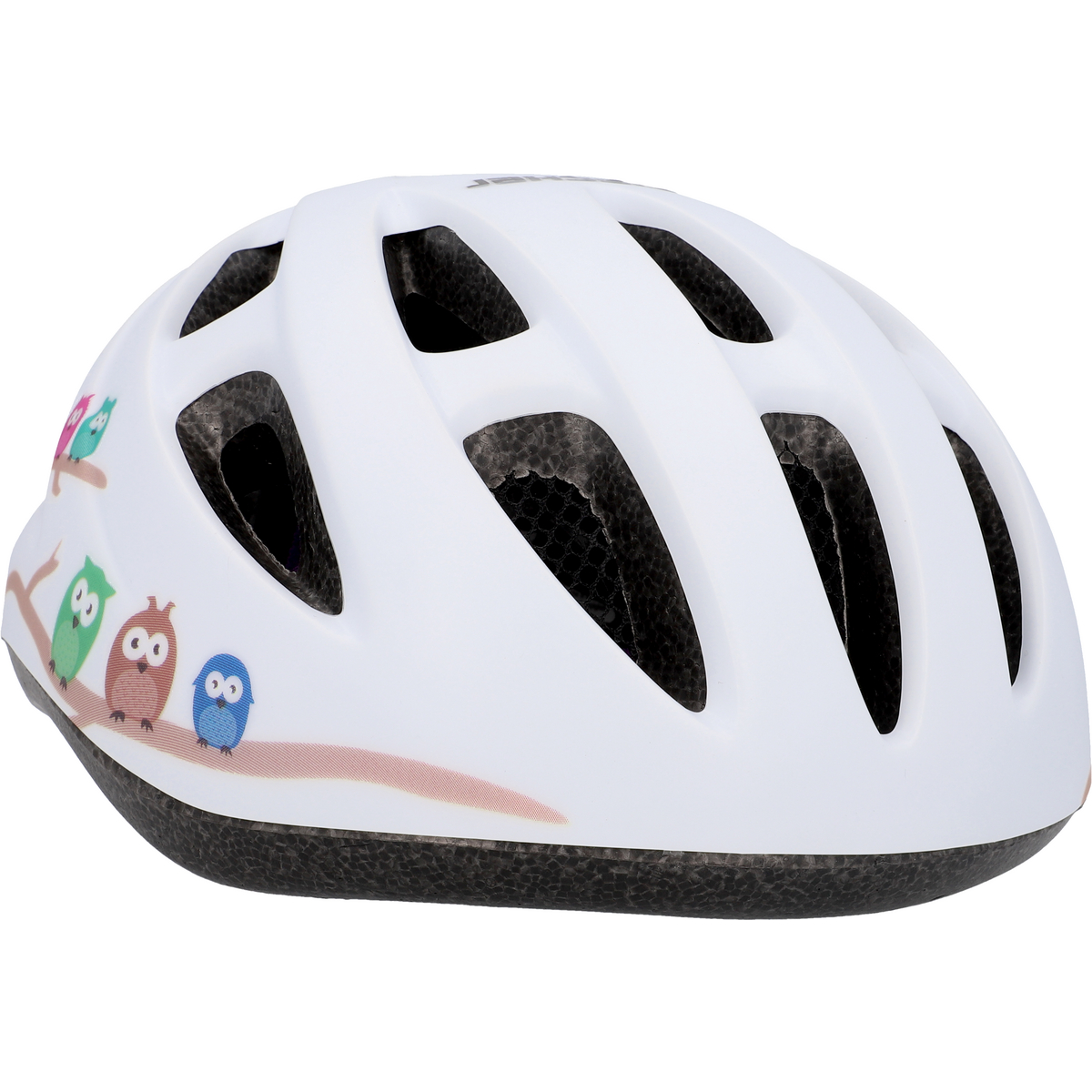 Weißer Fahrradhelm mit Eulenaufklebern. Schwarze Belüftungsöffnungen und Polsterung.