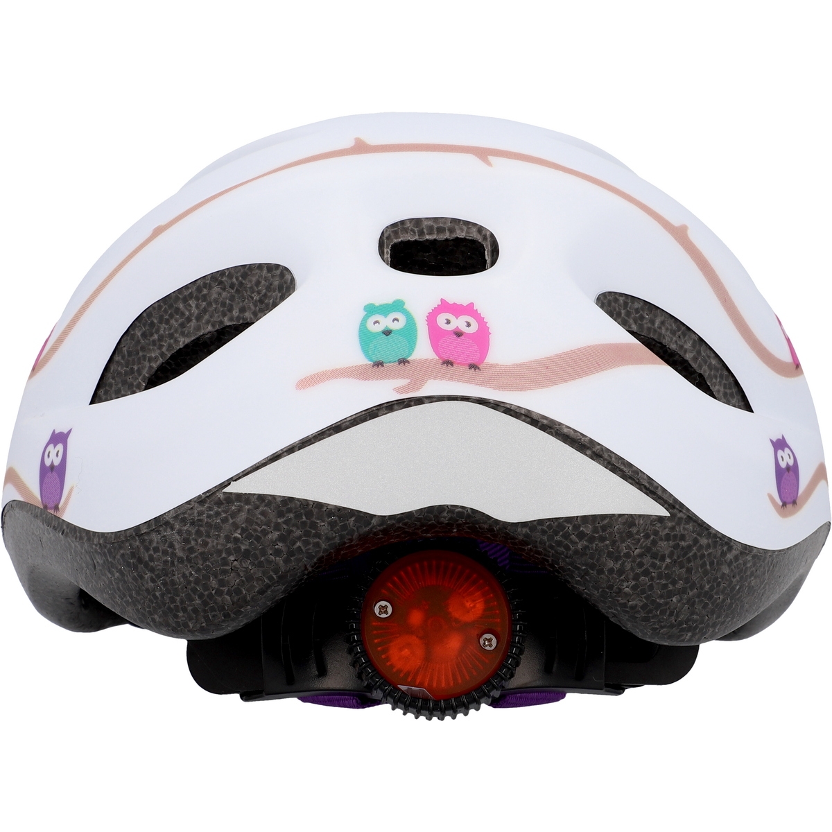 Weißer Kinderfahrradhelm mit Eulen-Dekorationen und rotem Rücklicht.