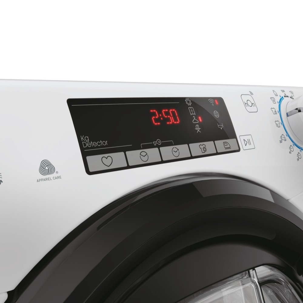 Zbliżenie panelu sterowania pralki z cyfrowym wyświetlaczem pokazującym 2:50.