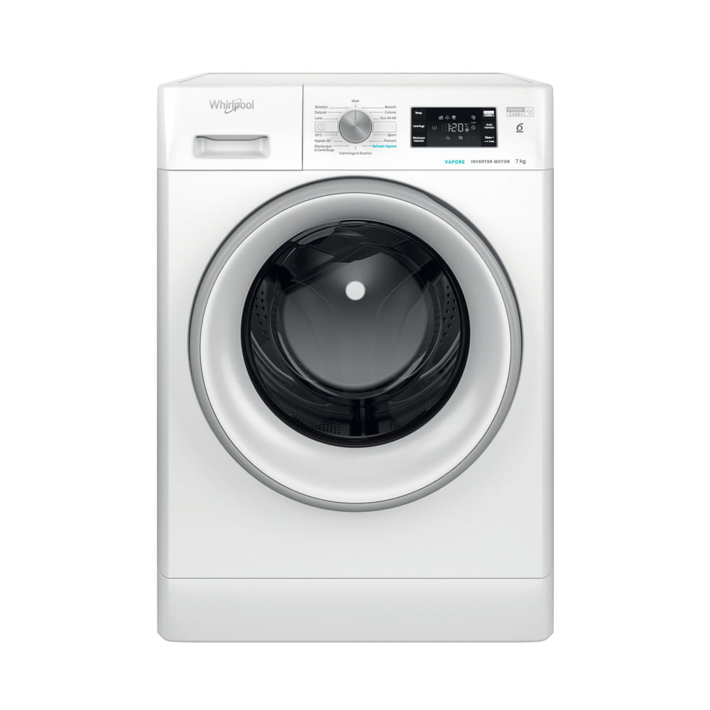 Lavatrice Whirlpool bianca con porta nera. Su sfondo bianco.