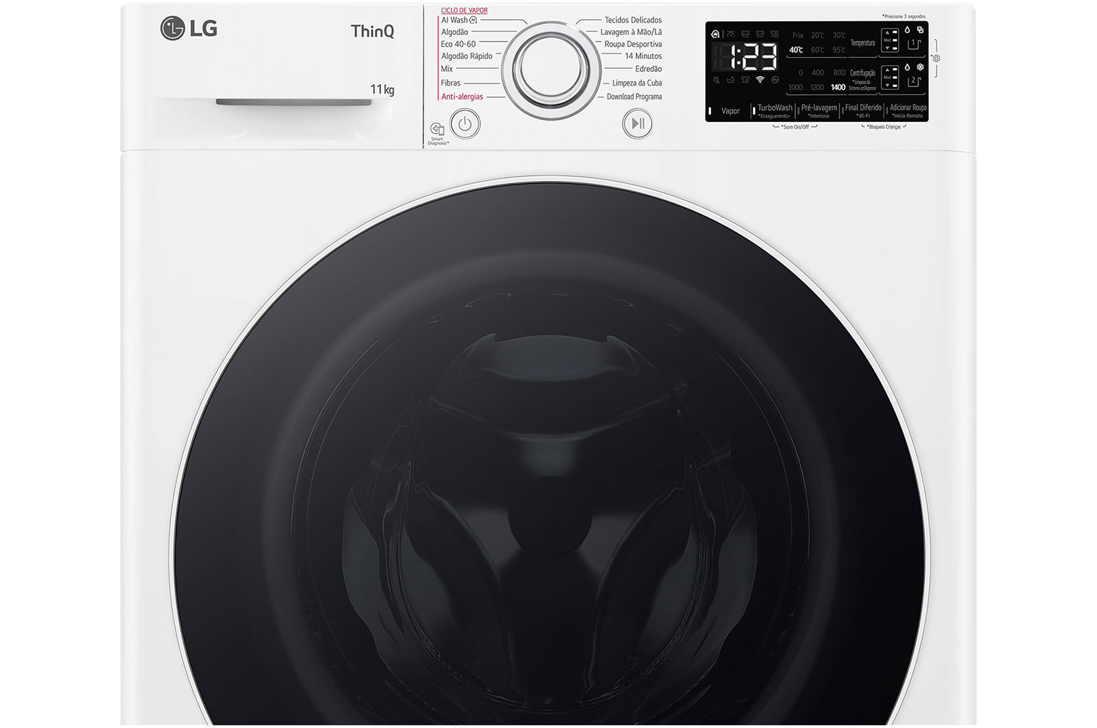 Panel de lavadora blanco, pantalla digital mostrando la hora, fondo blanco.