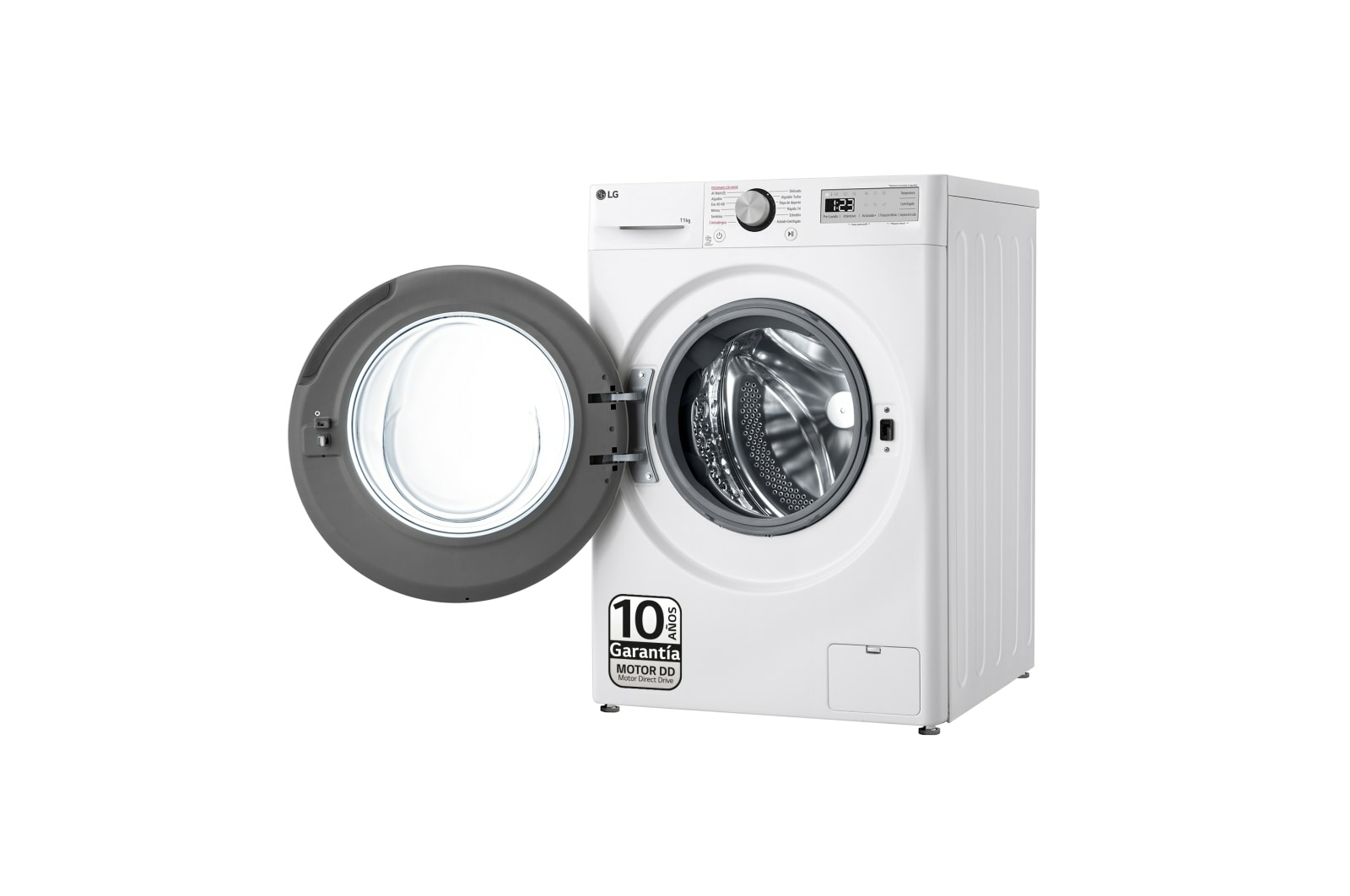 Biała pralka z otwartymi drzwiami, ukazująca bęben.