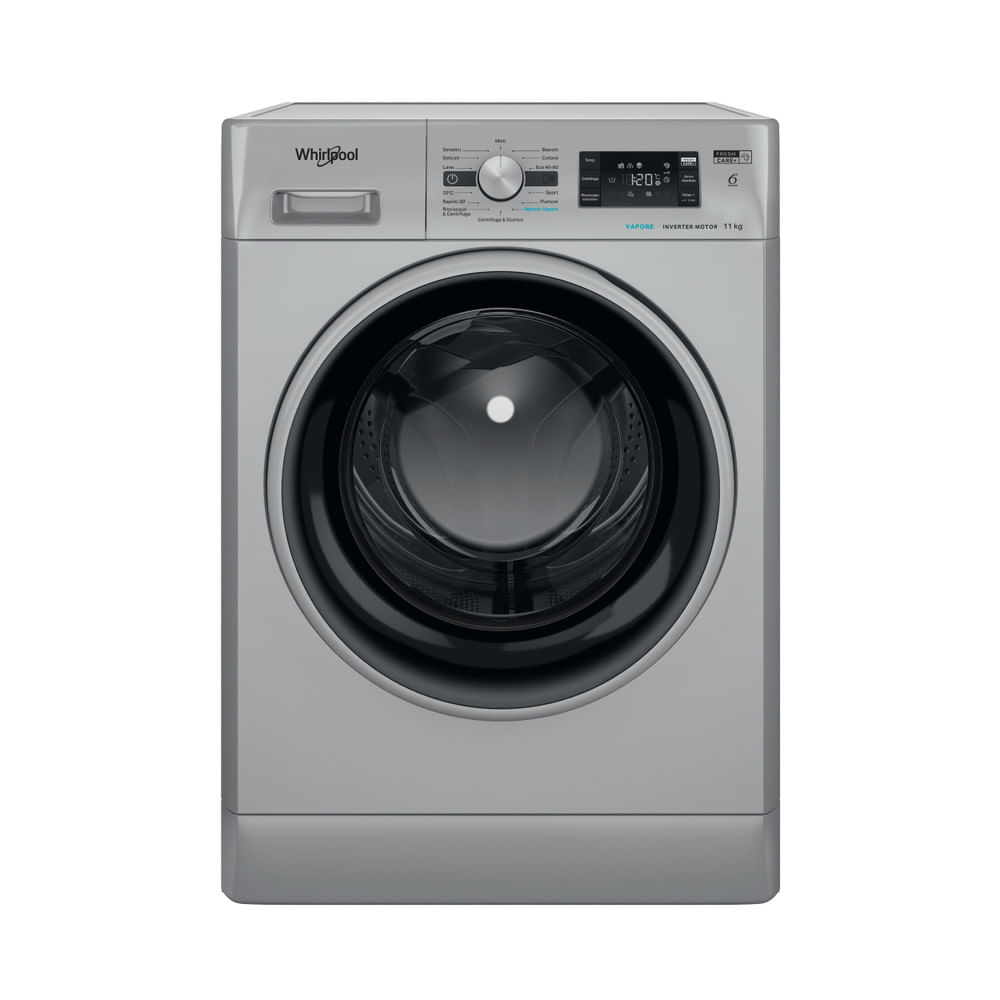 Lavatrice Whirlpool grigia, vista frontale. Pannello comandi e porta visibili. Display digitale e logo.