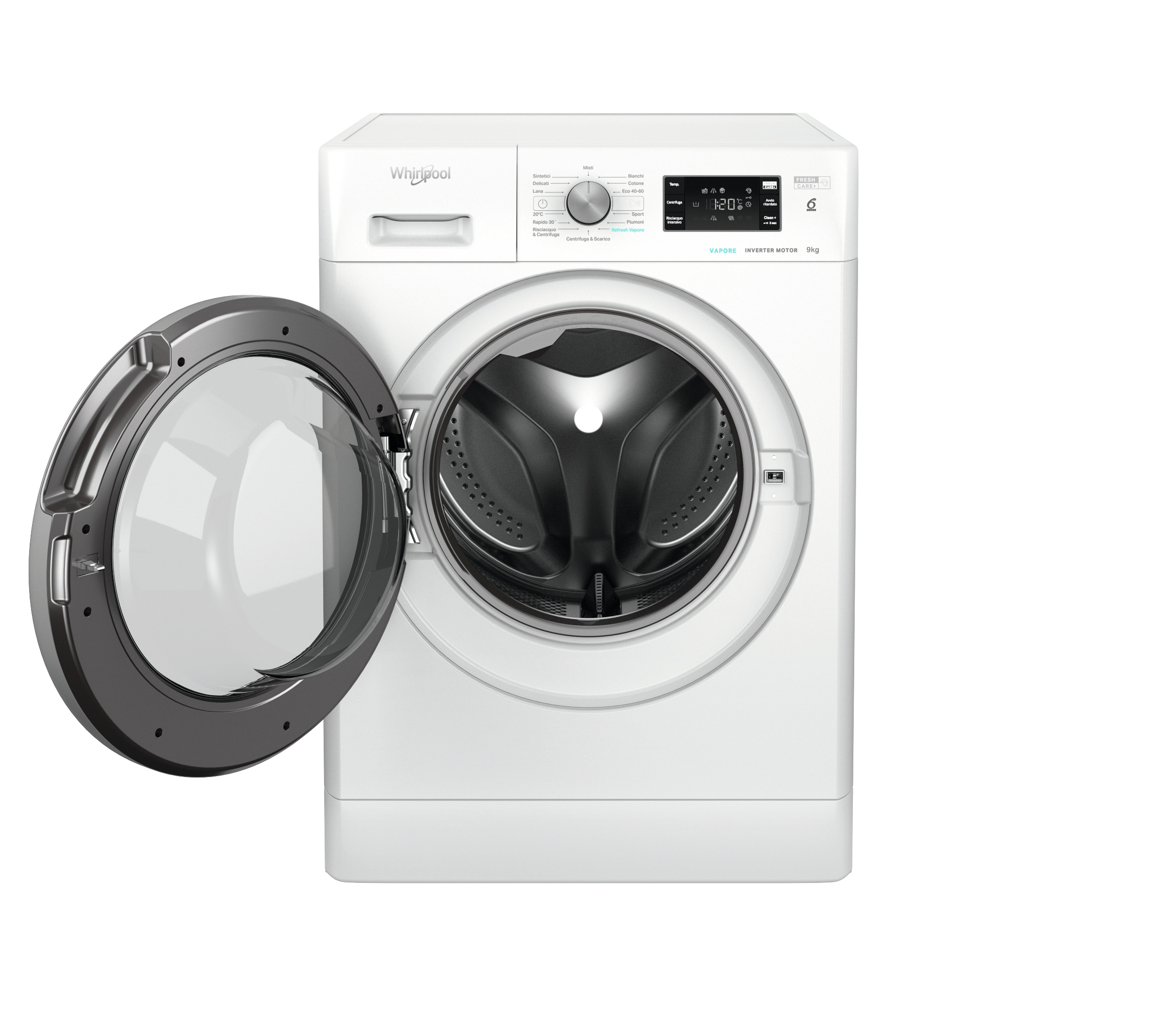 Lavatrice Whirlpool bianca con porta aperta, che mostra il cestello. È visibile un display digitale.
