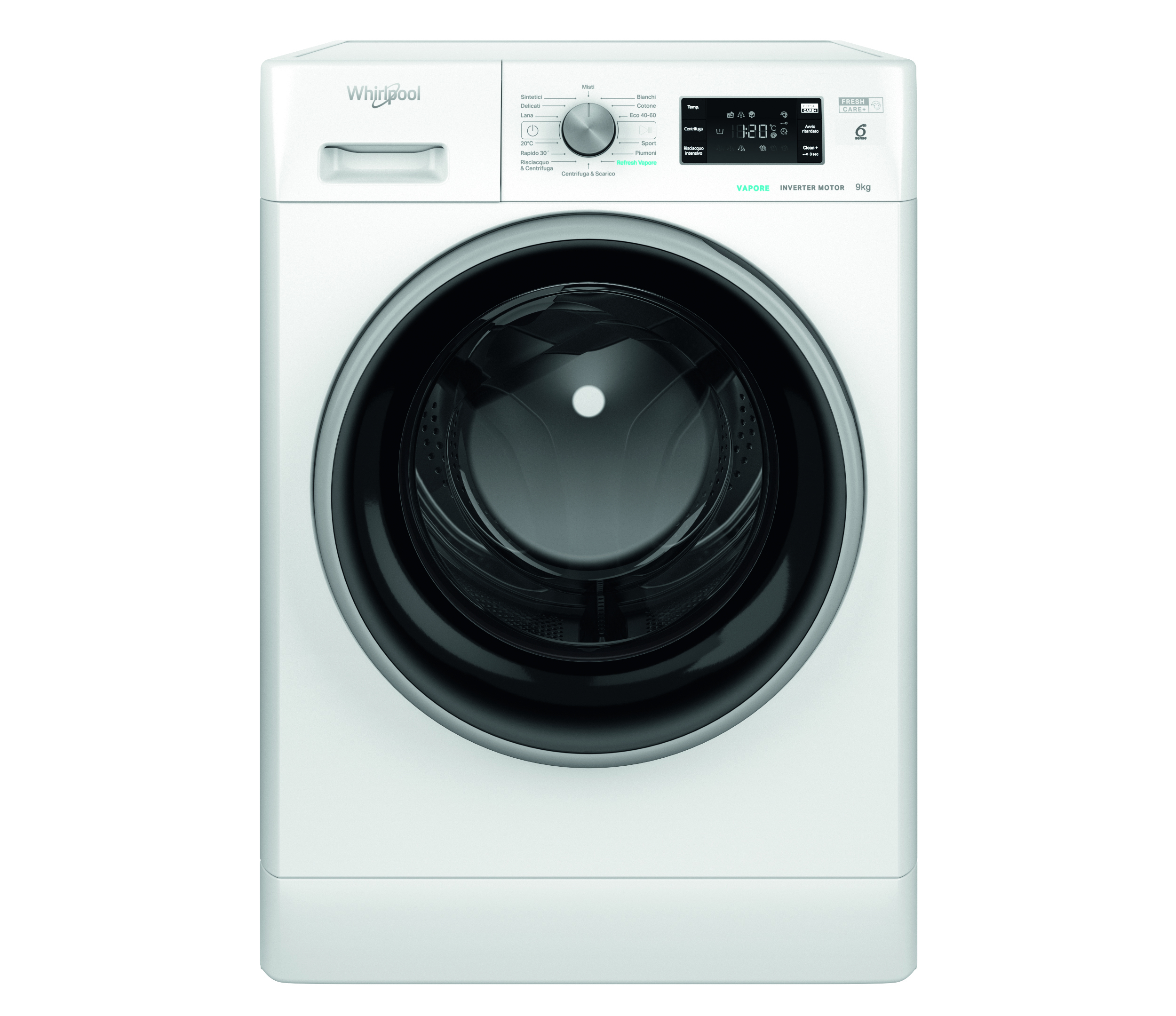 Lavatrice Whirlpool bianca, display digitale, porta nera, vari pulsanti di controllo visibili.