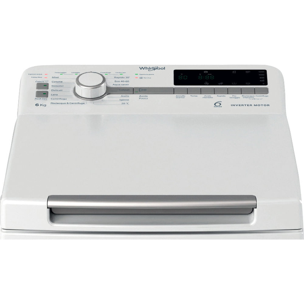 Pannello di controllo della lavatrice Whirlpool bianco con manopola e pulsanti programma. Display digitale.
