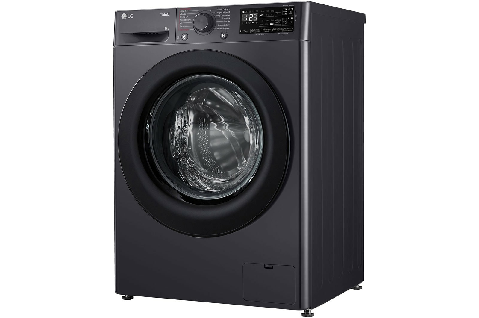 Lavadora LG negra con puerta negra. Tiene pantalla digital y panel de control.