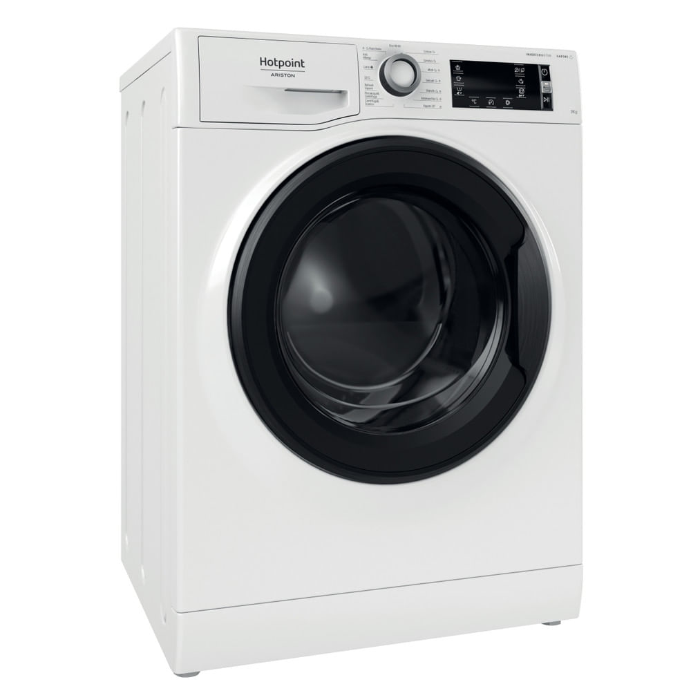 Lavatrice Hotpoint Ariston bianca. Porta e pannello comandi neri. Sfondo bianco.