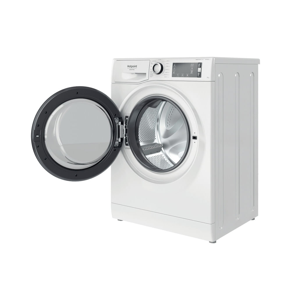 Lavatrice Hotpoint bianca, porta aperta, mostra il cestello.
