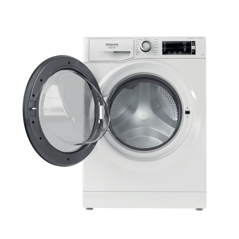 Lavatrice Hotpoint bianca con porta aperta, che mostra l'interno del cestello.