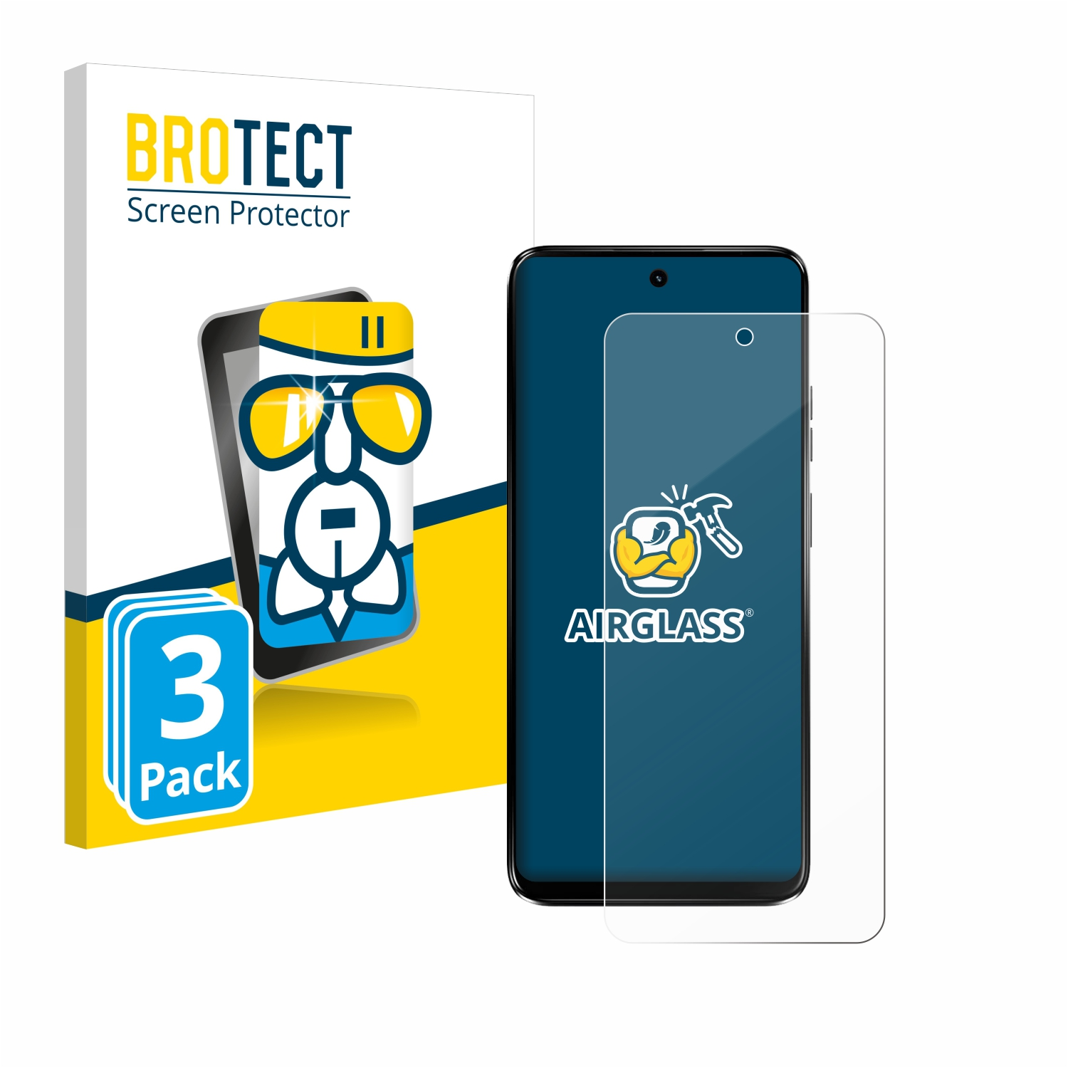Telefon, Displayschutz und Box. Schutz auf dem Telefon. Auf der Box steht BROTECT, AIRGLASS.