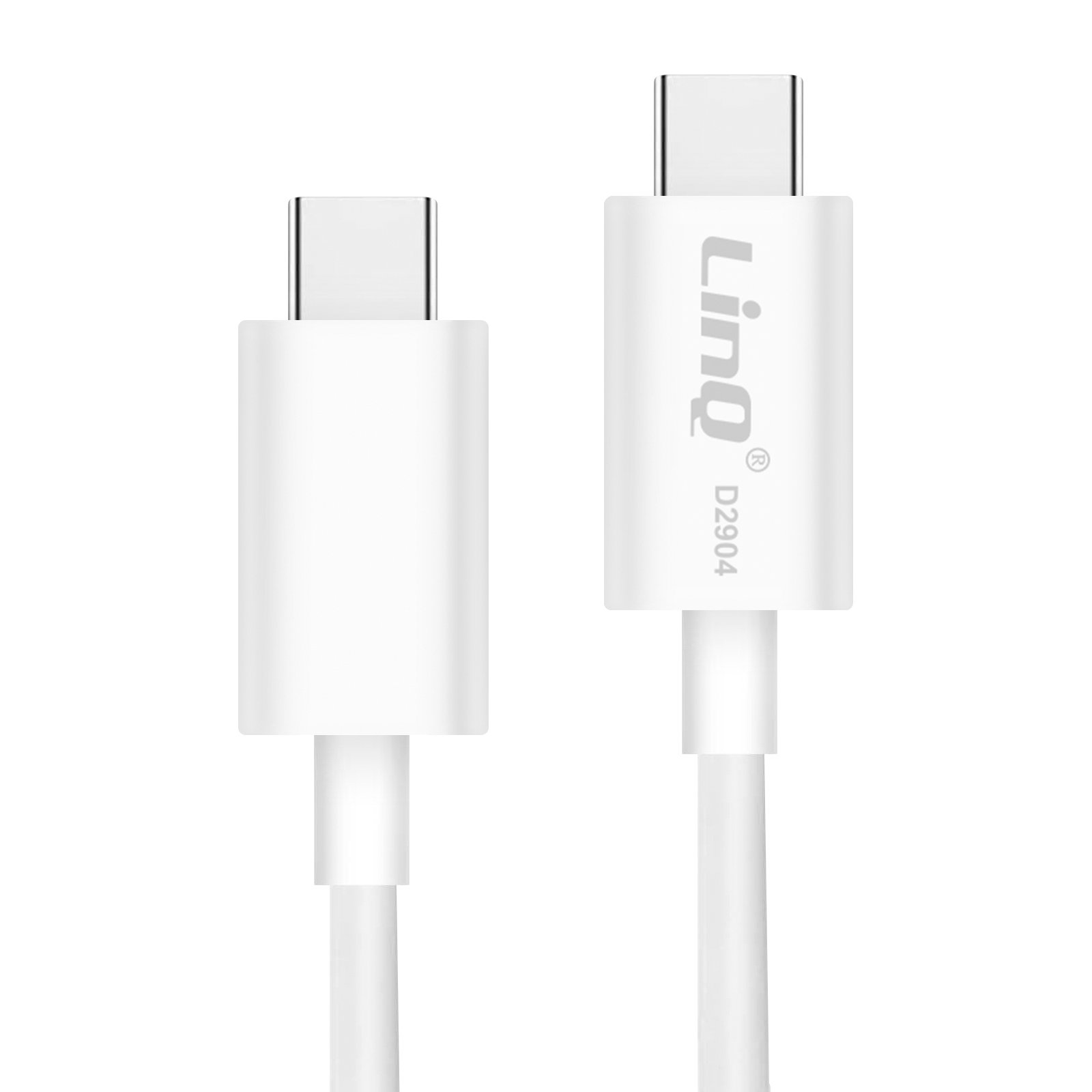 Due cavi USB-C bianchi affiancati. Ogni cavo ha due connettori USB-C, etichettati LiNQ D2904.