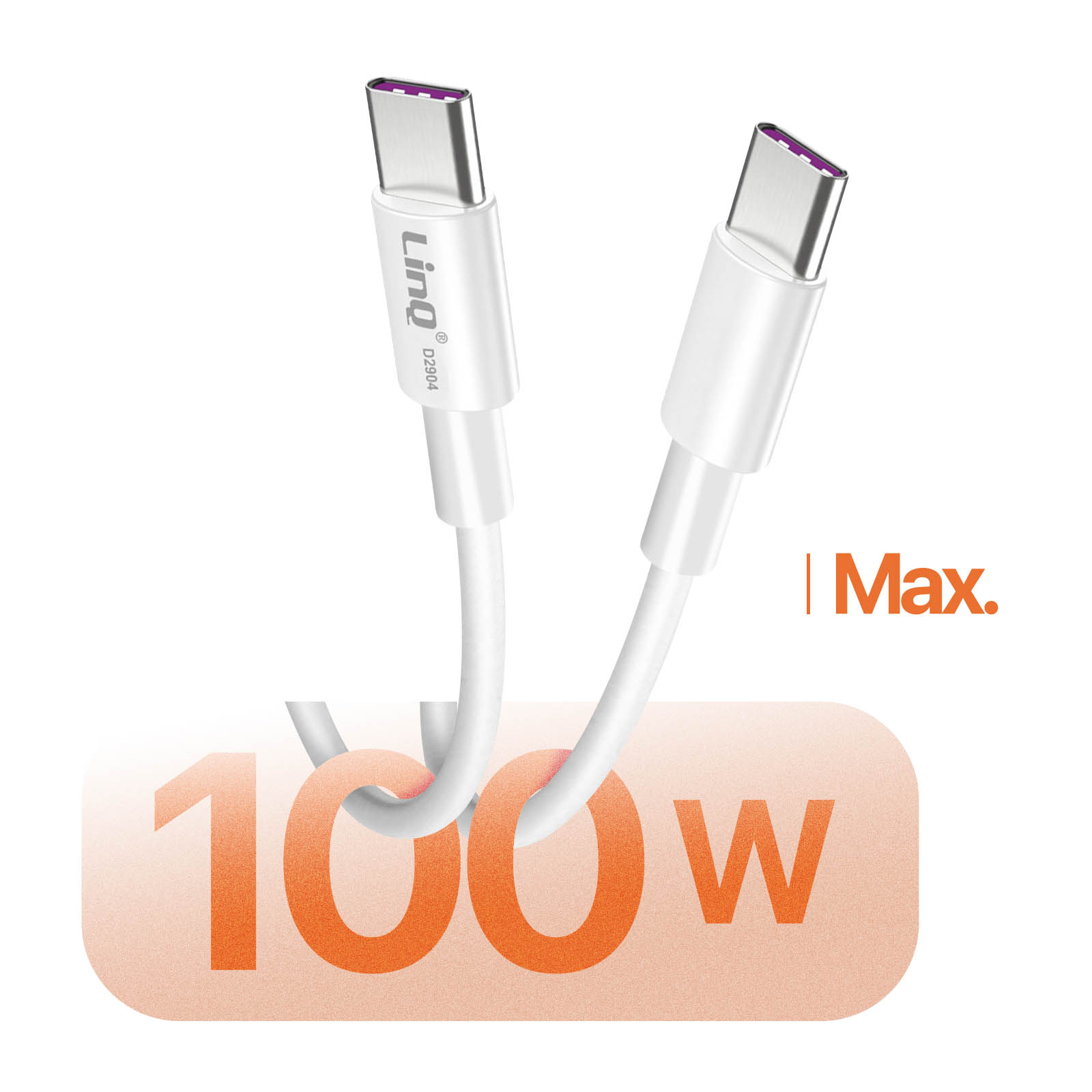 Due cavi USB-C bianchi con connettori viola. La confezione indica 100W Max.